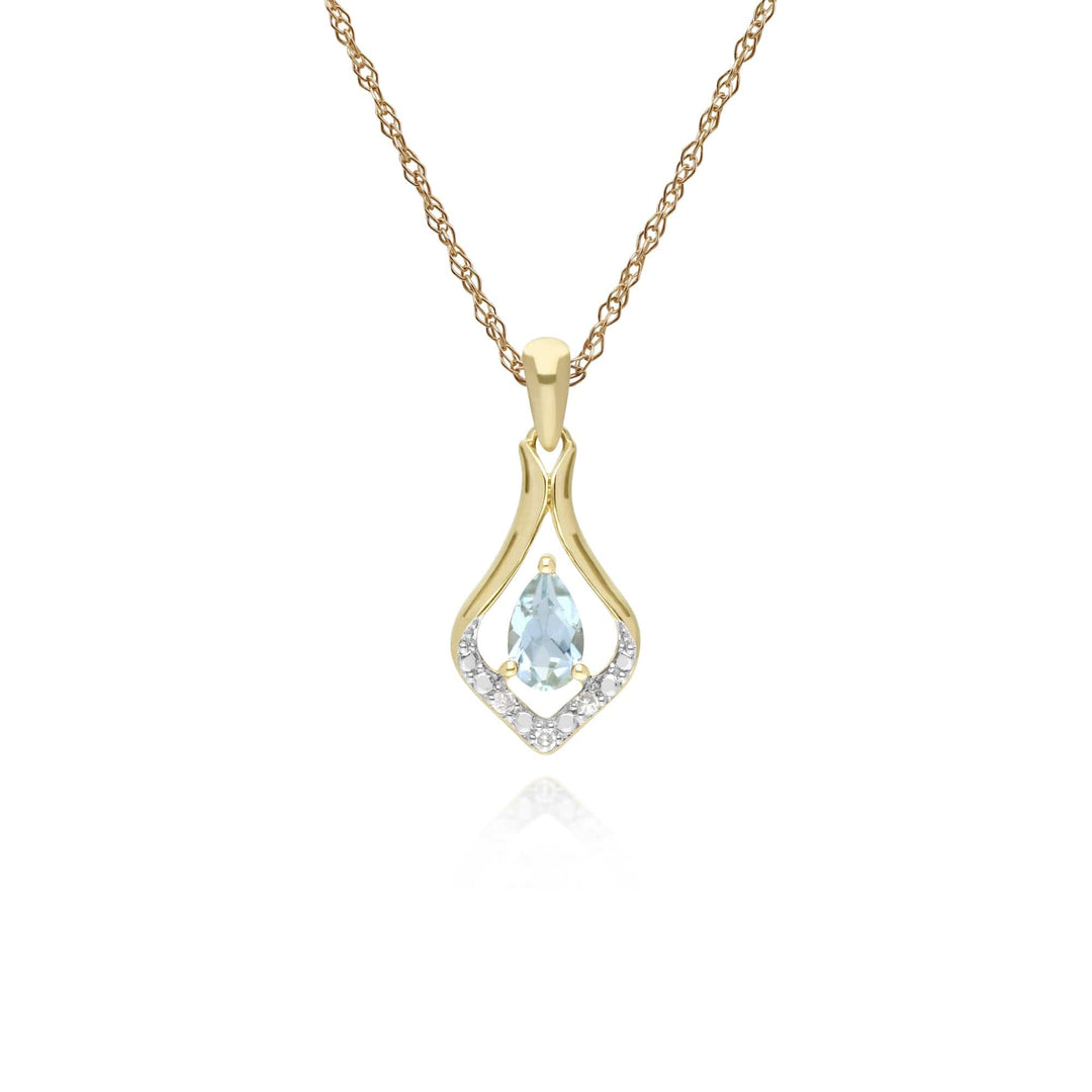 135P1915049nochain Classic Pear Aquamarine & Three Diamond Leaf Halo Pendant in 9ct Yellow Gold 1