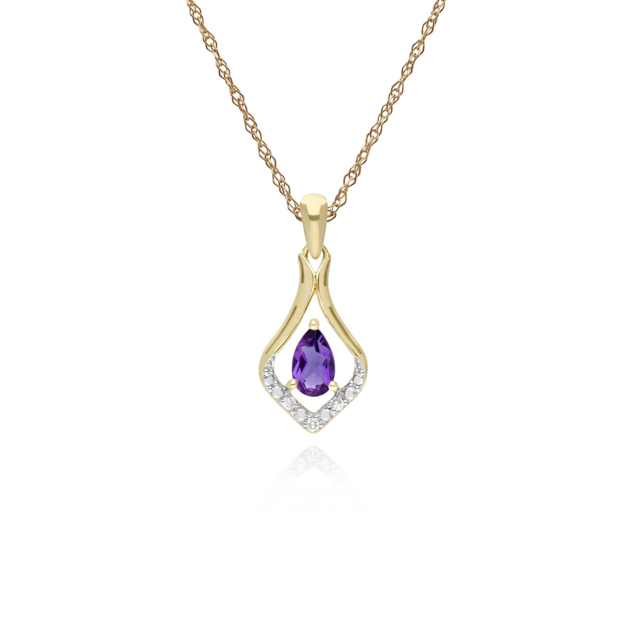 Classic Pear Amethyst & Three Diamond Leaf Halo Pendant in 9ct Yellow Gold - Gemondo
