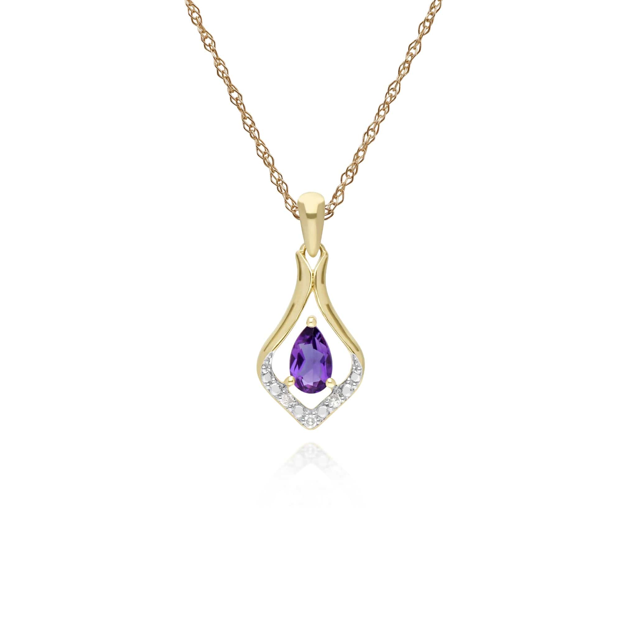 135P1915059 Classic Pear Amethyst & Three Diamond Leaf Halo Pendant in 9ct Yellow Gold 1