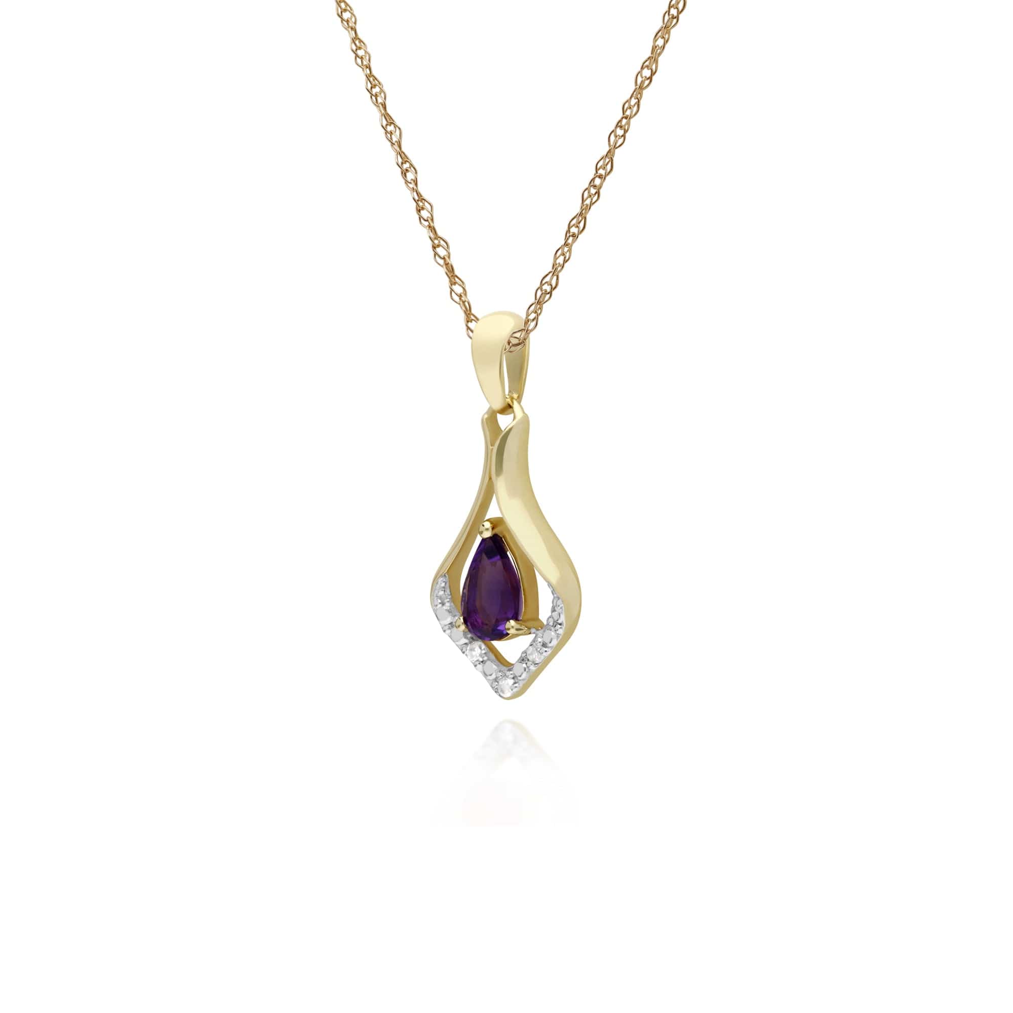 Classic Pear Amethyst & Three Diamond Leaf Halo Pendant in 9ct Yellow Gold - Gemondo