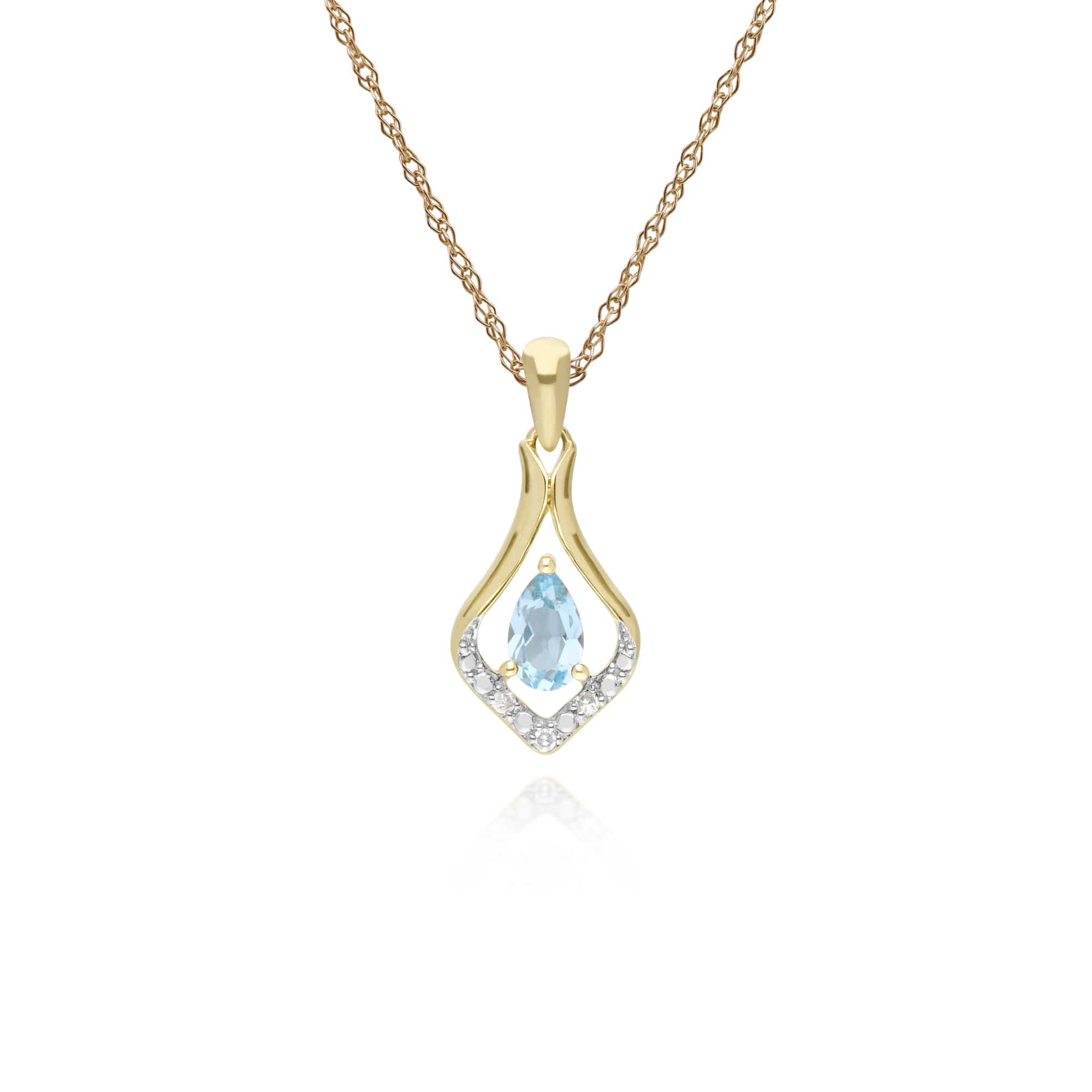 Classic Pear Blue Topaz & Three Diamond Leaf Halo Pendant in 9ct Yellow Gold - Gemondo