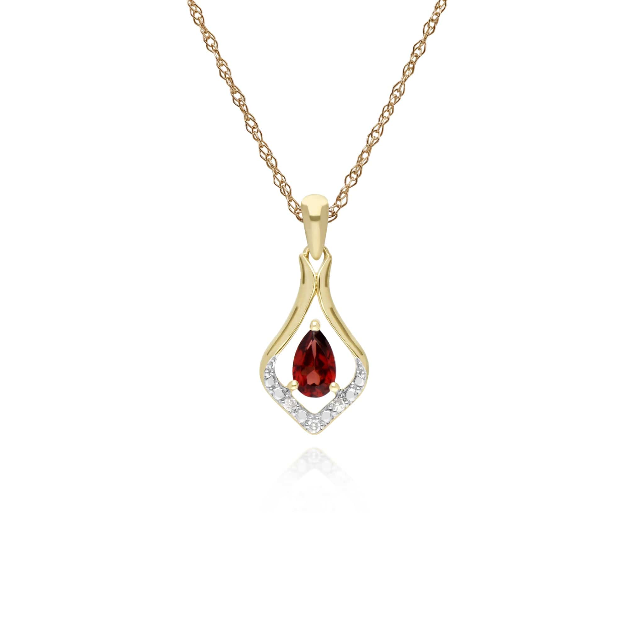 135P1915079 Classic Pear Garnet & Three Diamond Leaf Halo Pendant in 9ct Yellow Gold 1