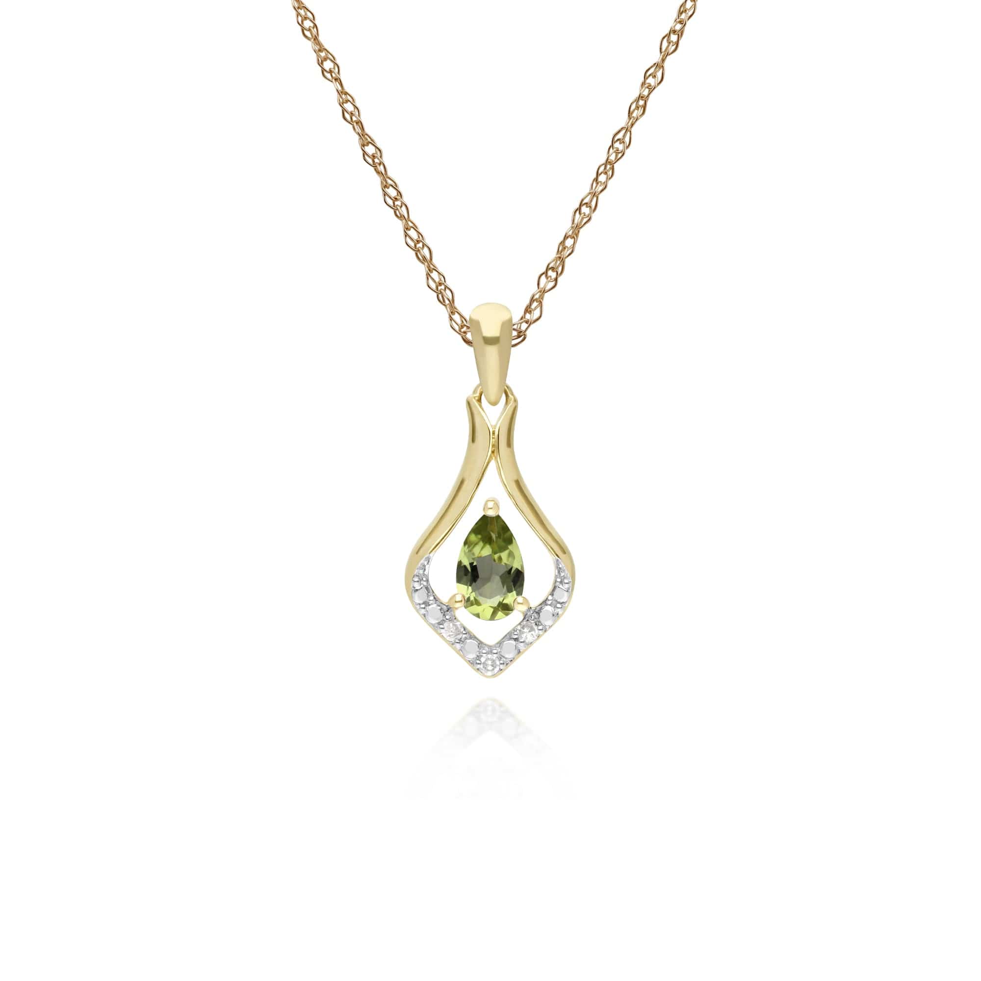 Classic Pear Peridot &  Diamond Leaf Halo Pendant in 9ct Yellow Gold - Gemondo
