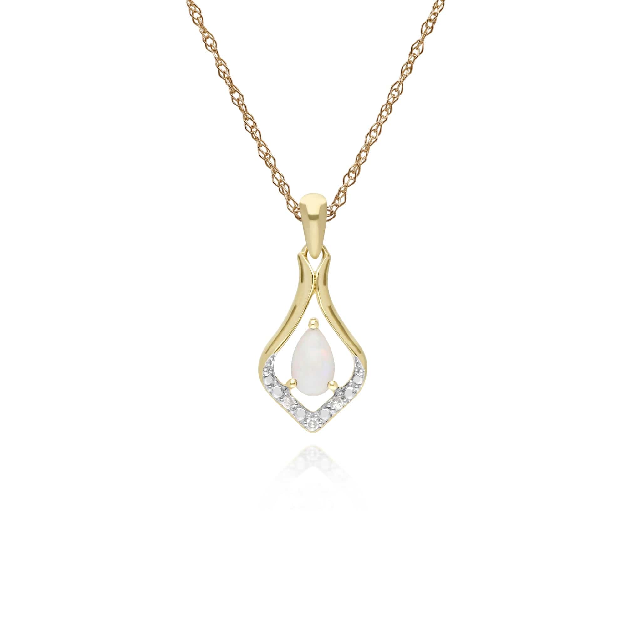 Classic Pear Opal & Three Diamond Leaf Halo Pendant in 9ct Yellow Gold - Gemondo