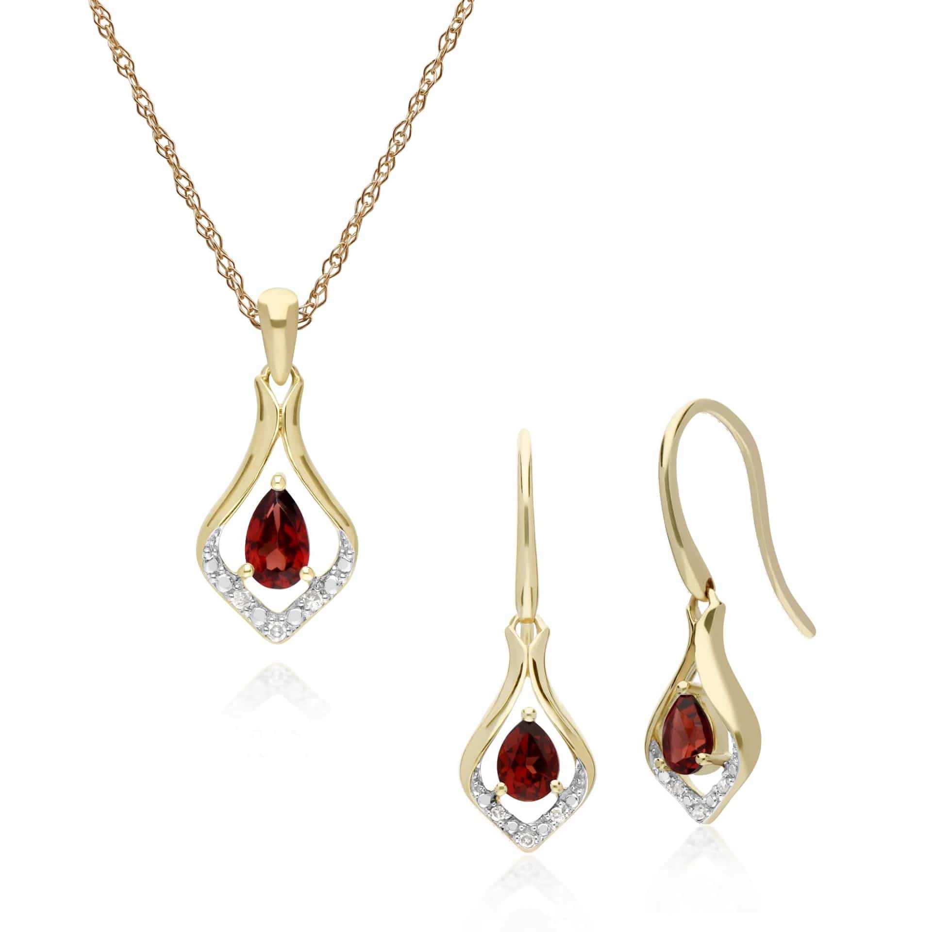Classic Garnet & Diamond Leaf Drop Earrings & Pendant Set Image 1
