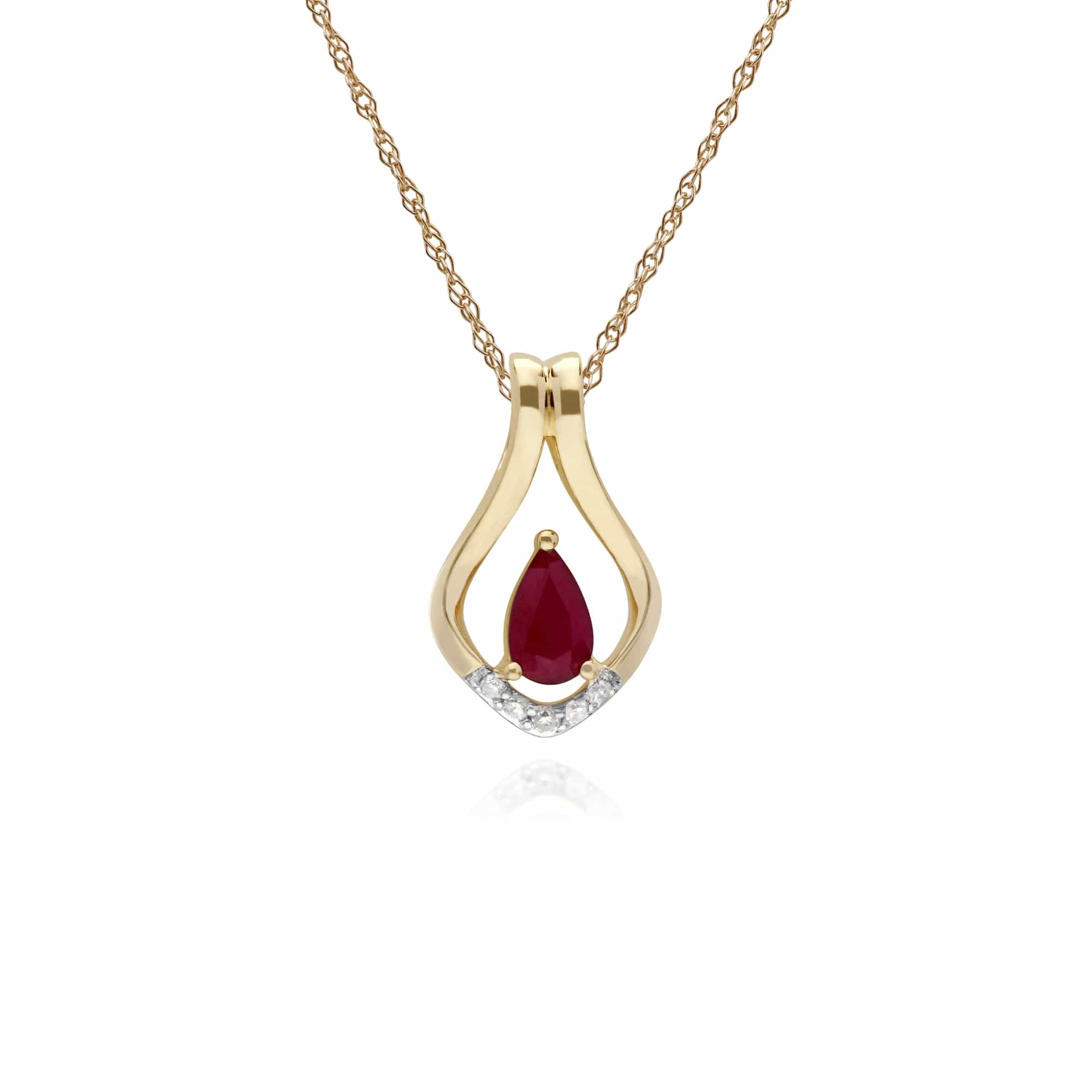 Classic Pear Ruby & Five Diamond Leaf Halo Pendant in 9ct Yellow Gold - Gemondo
