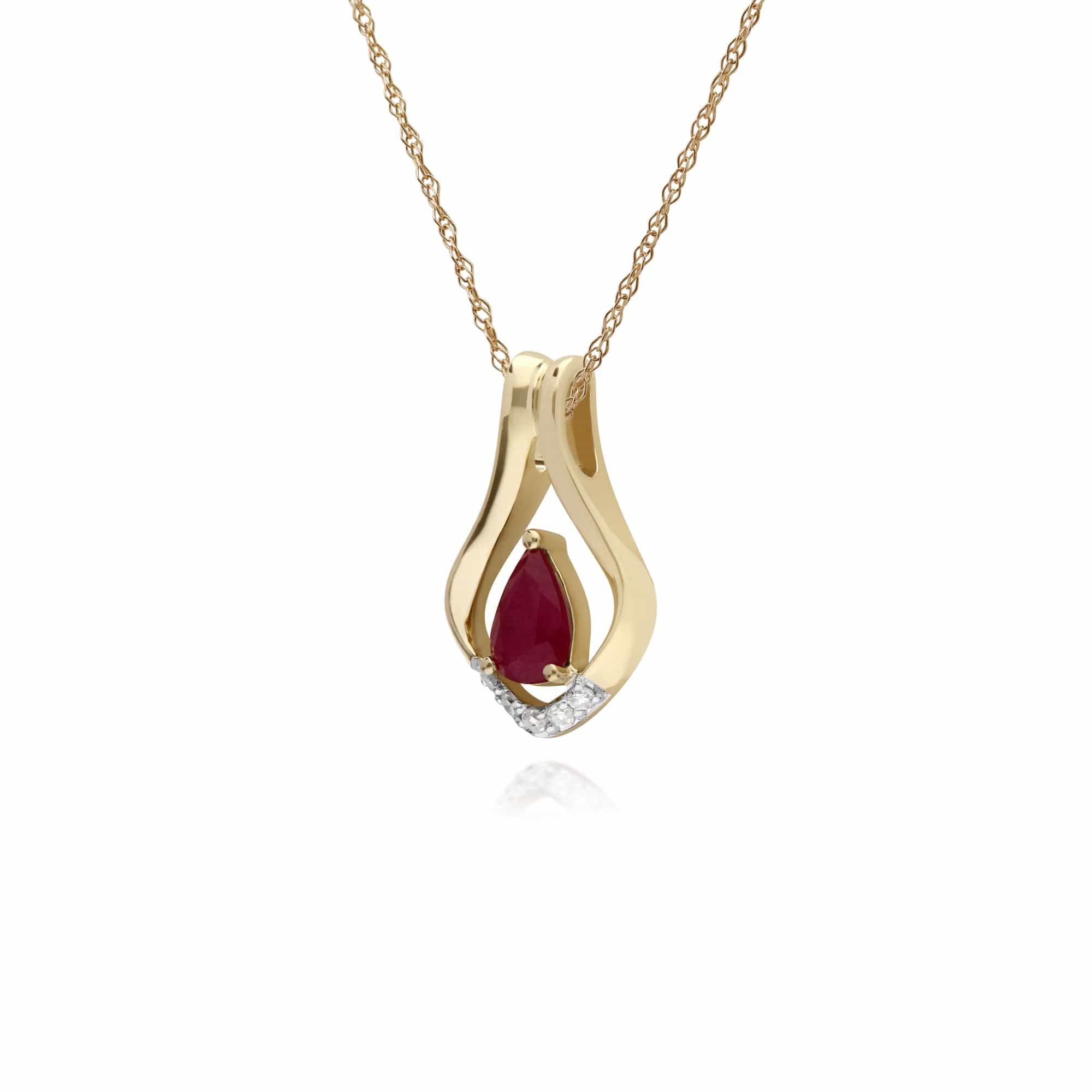 Classic Pear Ruby & Five Diamond Leaf Halo Pendant in 9ct Yellow Gold - Gemondo