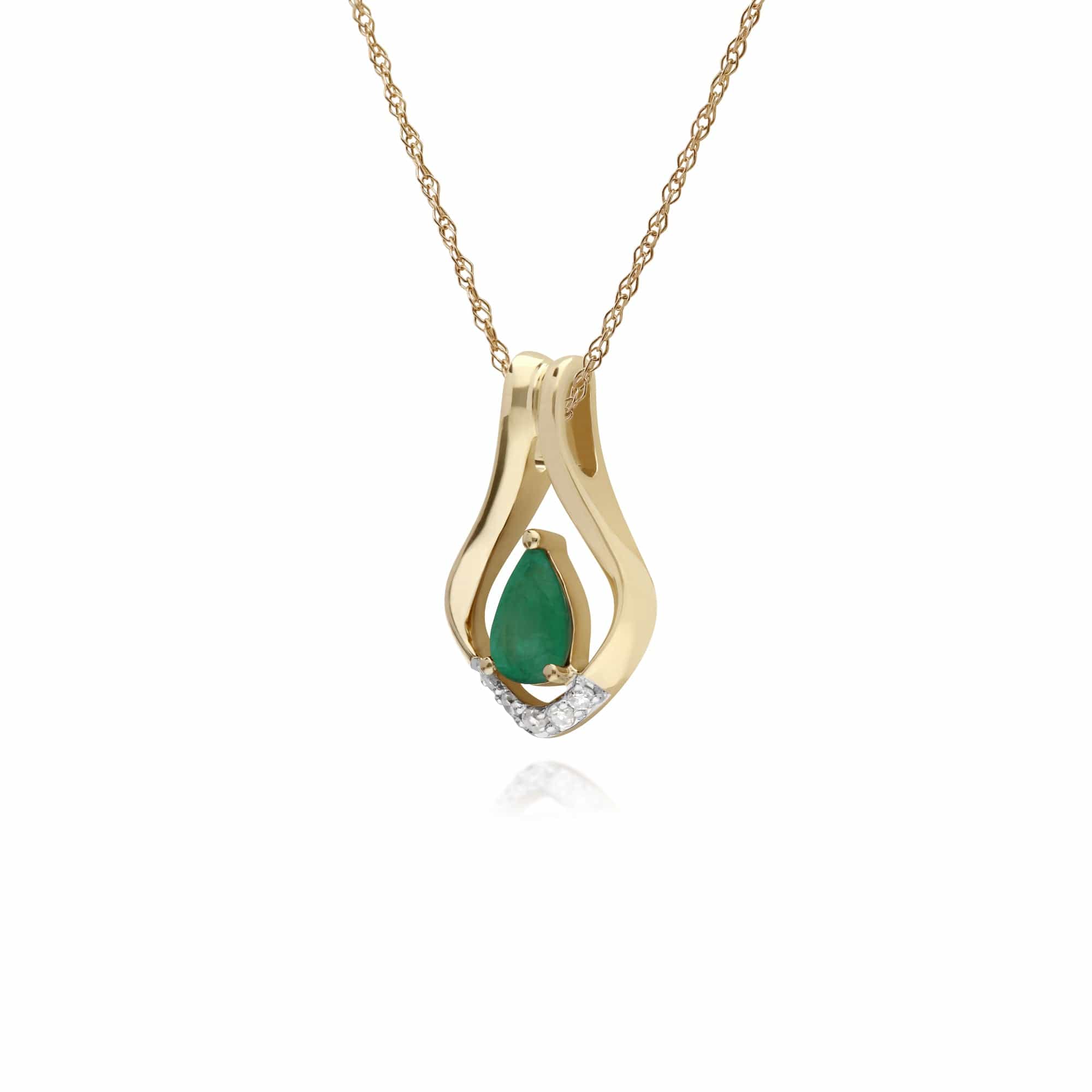 Classic Pear Emerald & Five Diamond Leaf Halo Pendant in 9ct Gold - Gemondo