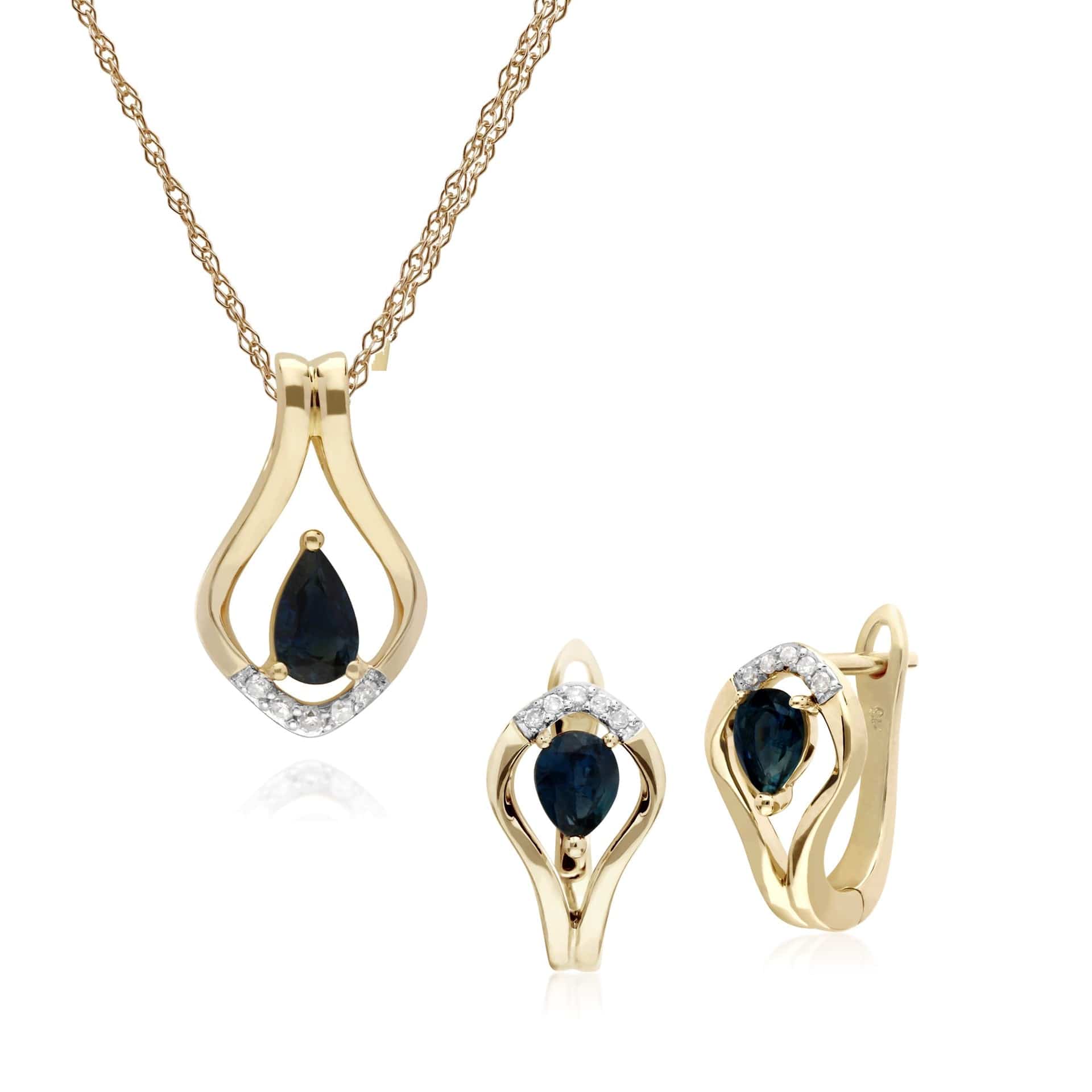 135E1578029-135P1916029 Classic Oval Sapphire & Diamond Leaf Lever back Earrings & Pendant Set in 9ct Yellow Gold 1