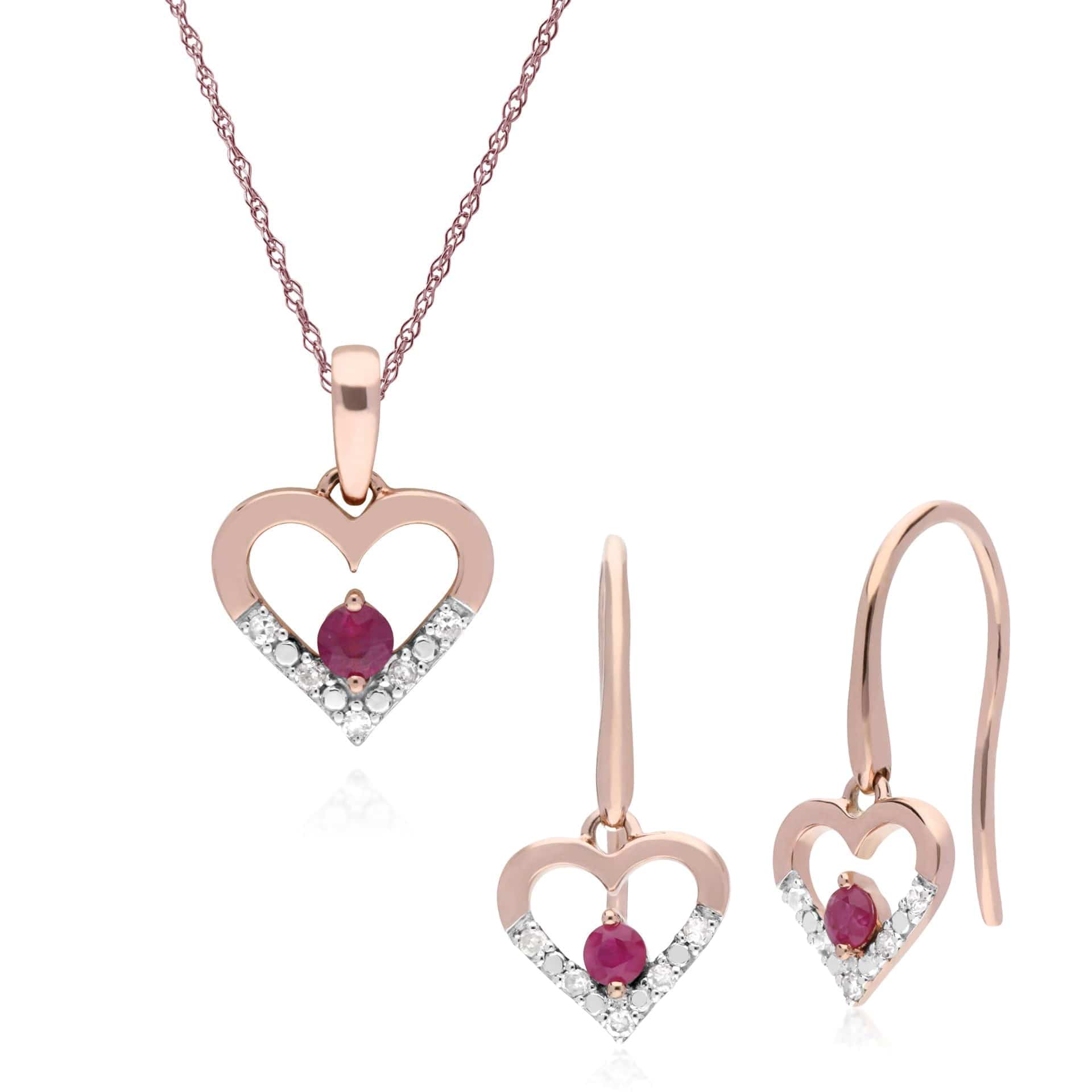 Classic Ruby & Diamond Heart Drop Earrings & Pendant Set Image 1