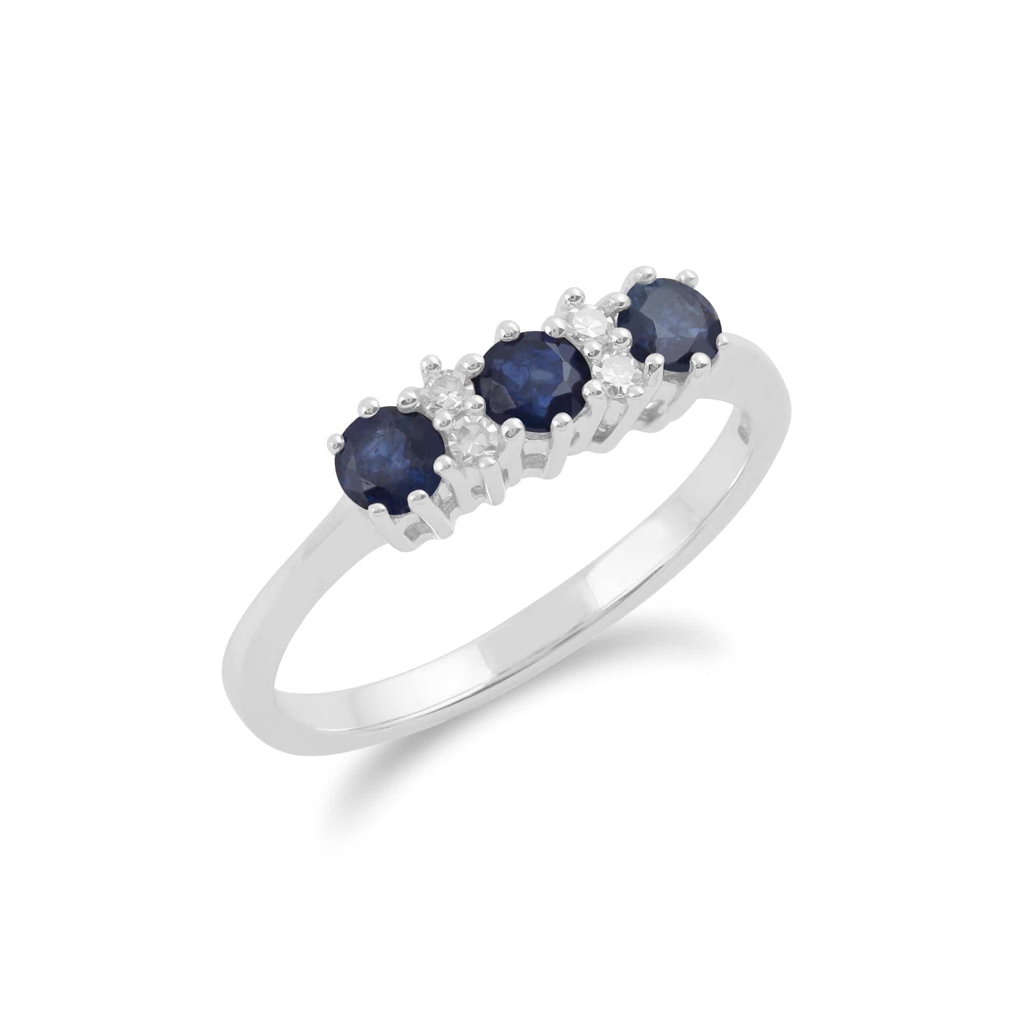 9ct White Gold 0.54ct Natural Blue Sapphire & 6pt Diamond Three Stone Ring Image 2