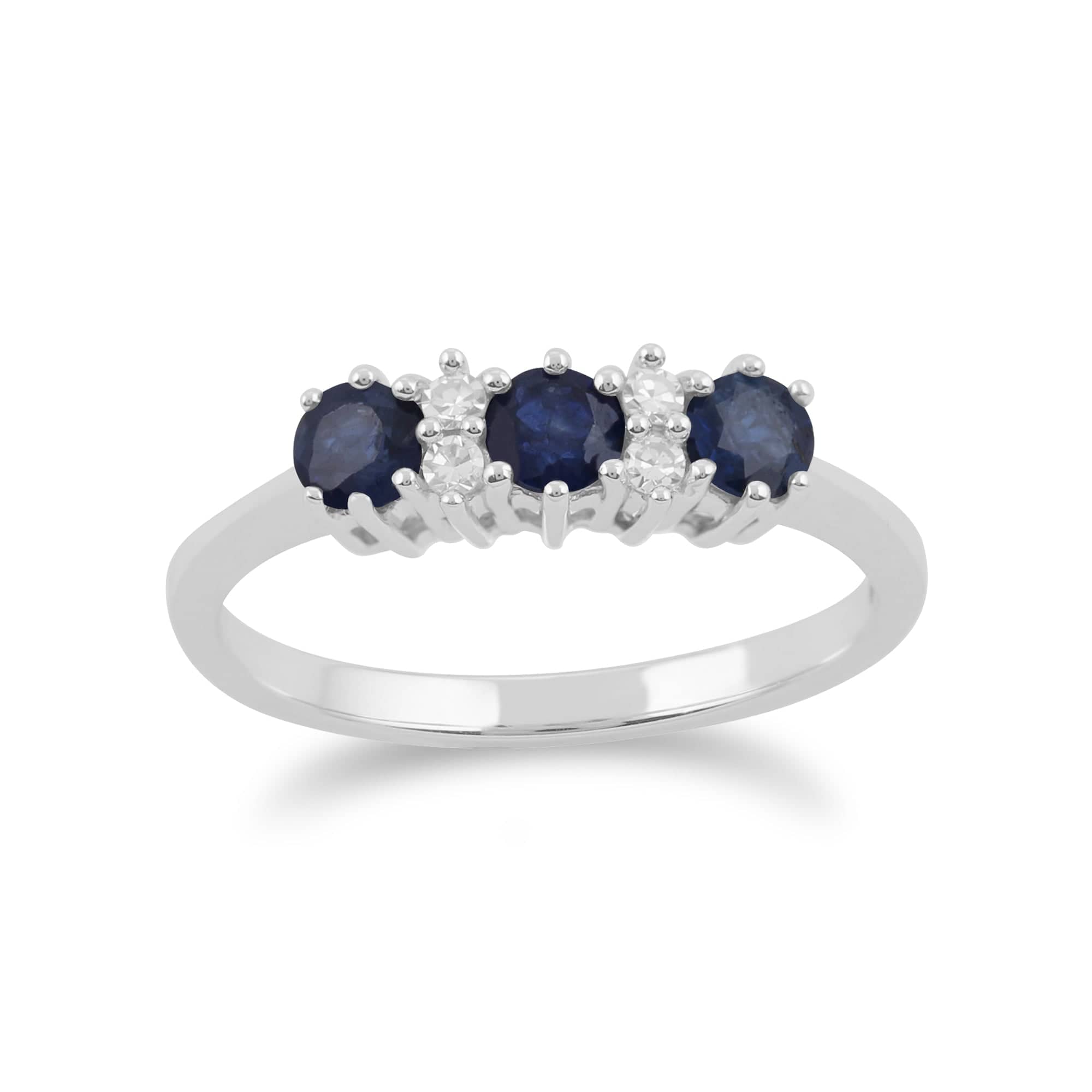 9ct White Gold 0.54ct Natural Blue Sapphire & 6pt Diamond Three Stone Ring Image 1