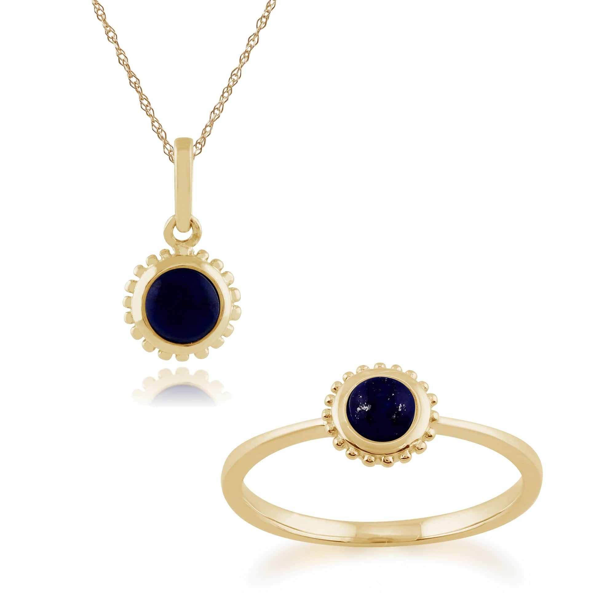 135P1549029-135R1270029 Classic Round Lapis Lazuli Single Stone Pendant & Solitaire Ring Set in 9ct Yellow Gold 1