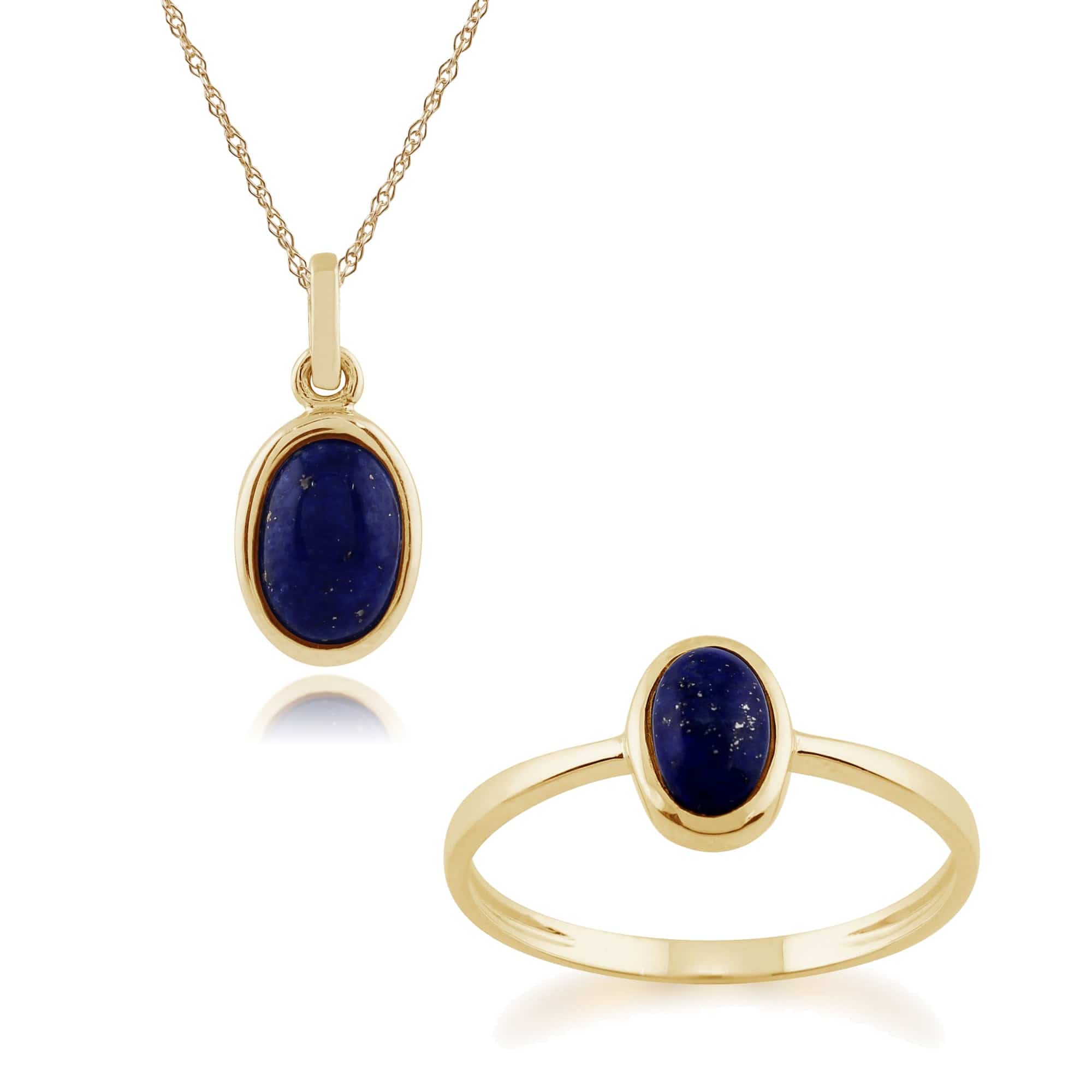 Classic Oval Lapis Lazuli Bezel Pendant & Solitaire Ring Set in 9ct Yellow Gold - Gemondo