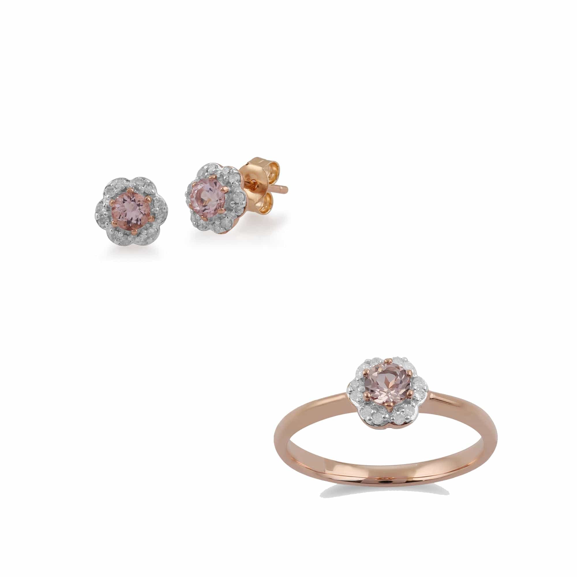 Floral Round Morganite & Diamond 9ct Rose Gold Earring & Ring Set - Gemondo
