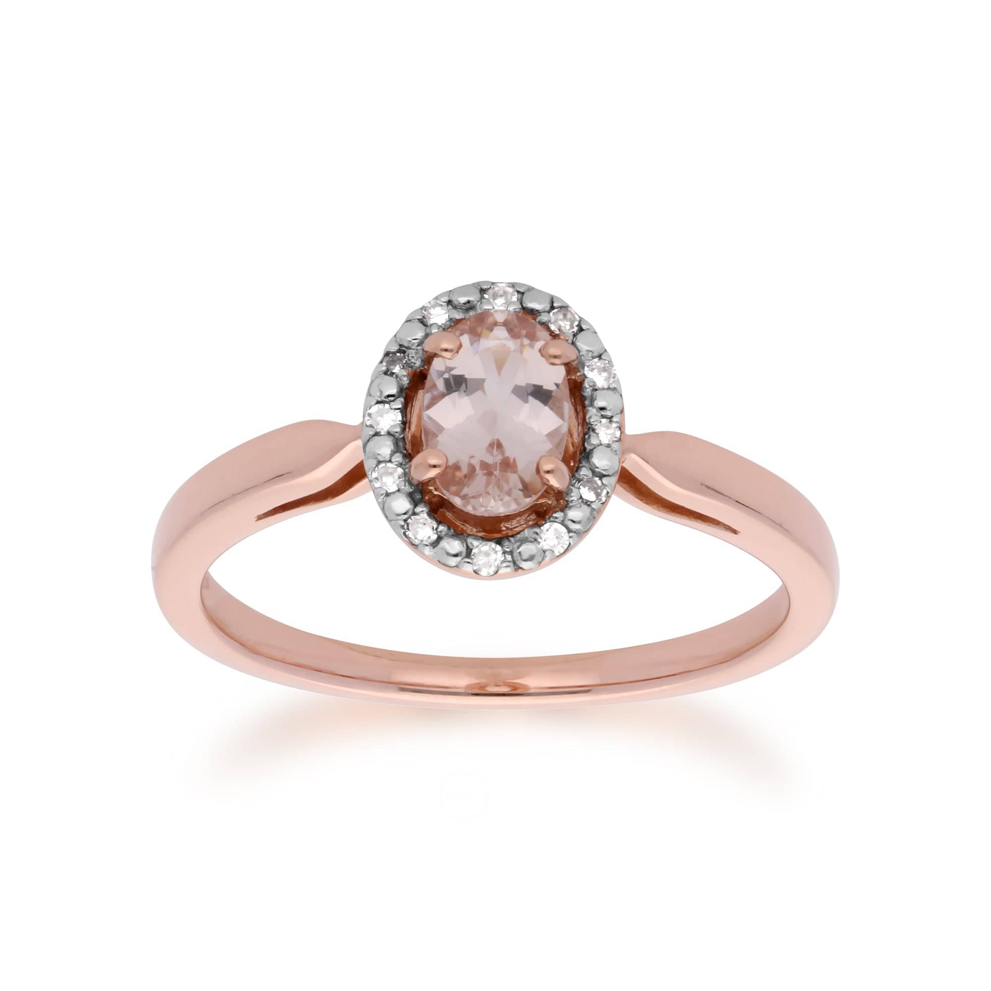 135E1451019-135R1589019 Classic Oval Morganite & Diamond Halo Stud Earrings & Solitaire Ring Set in 9ct Rose Gold 3