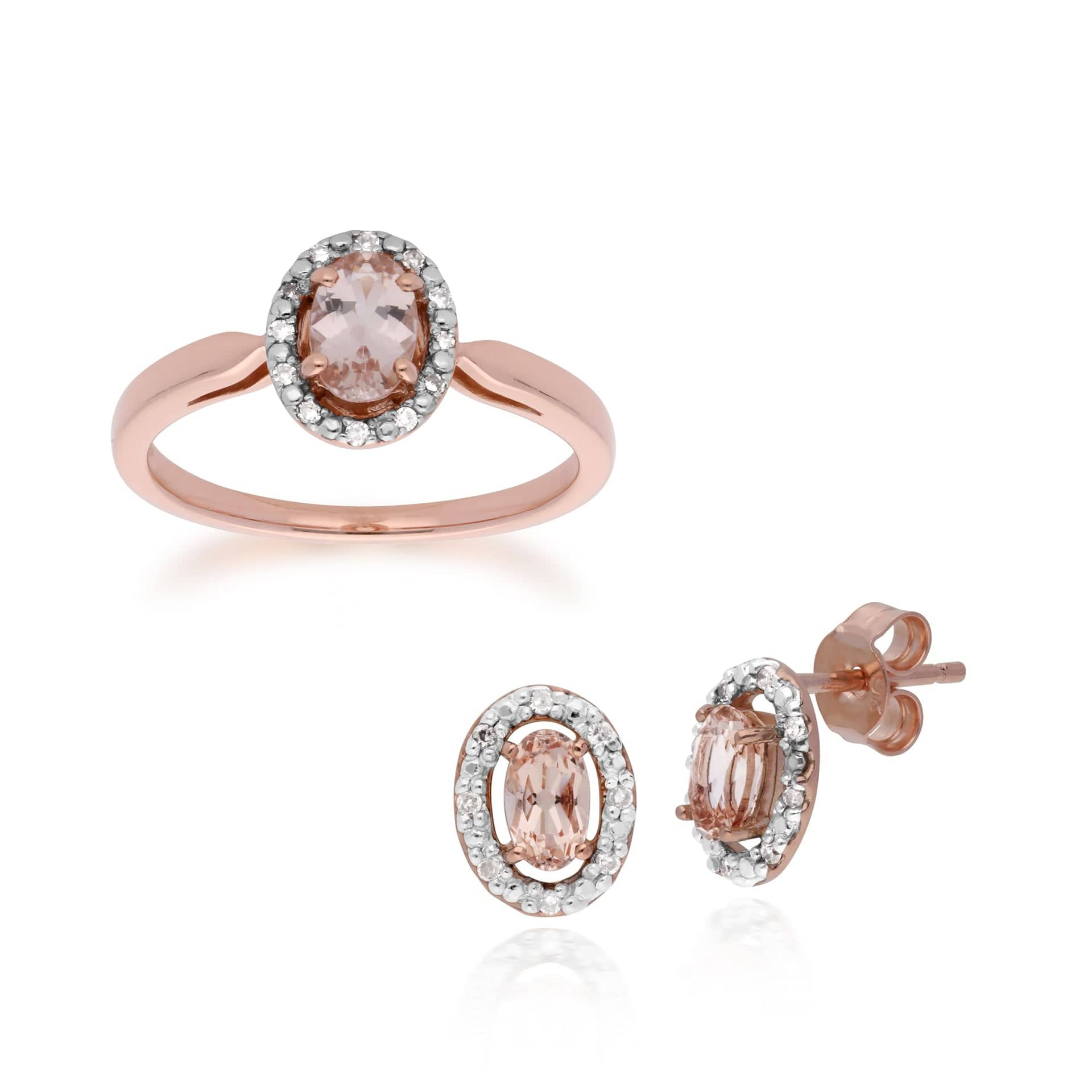 135E1451019-135R1589019 Classic Oval Morganite & Diamond Halo Stud Earrings & Solitaire Ring Set in 9ct Rose Gold 1
