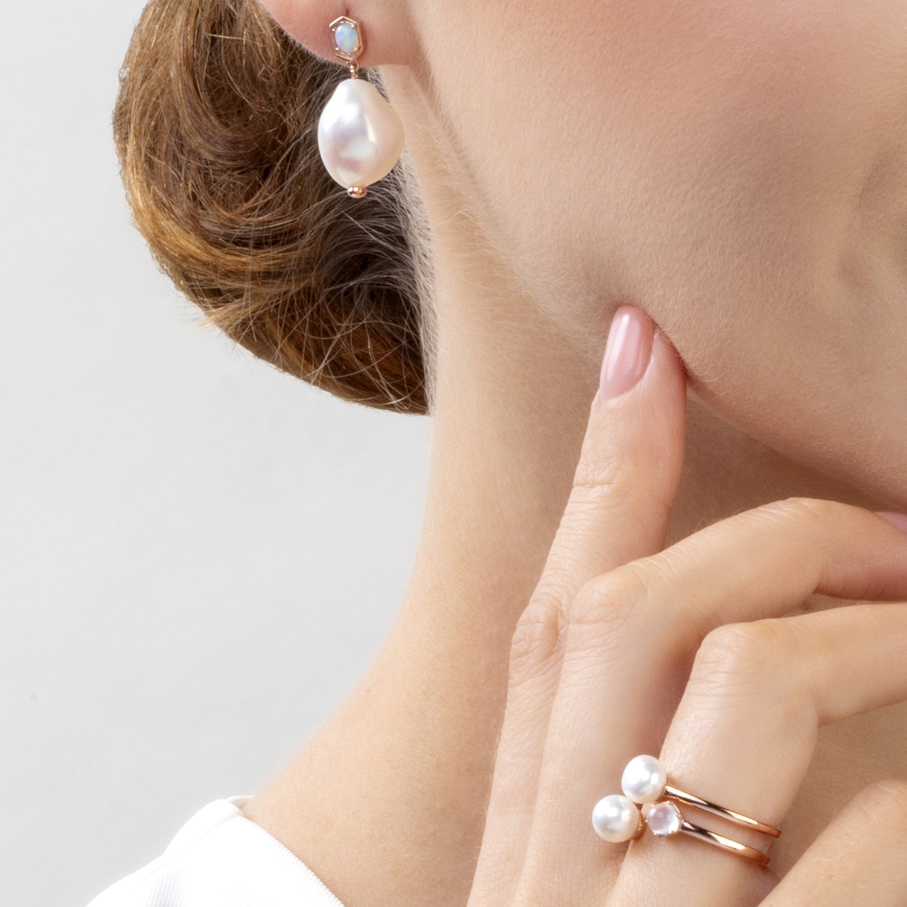 Modern Pearl, Moonstone & White Topaz Open Ring in Rose Gold Plated Silver - Gemondo