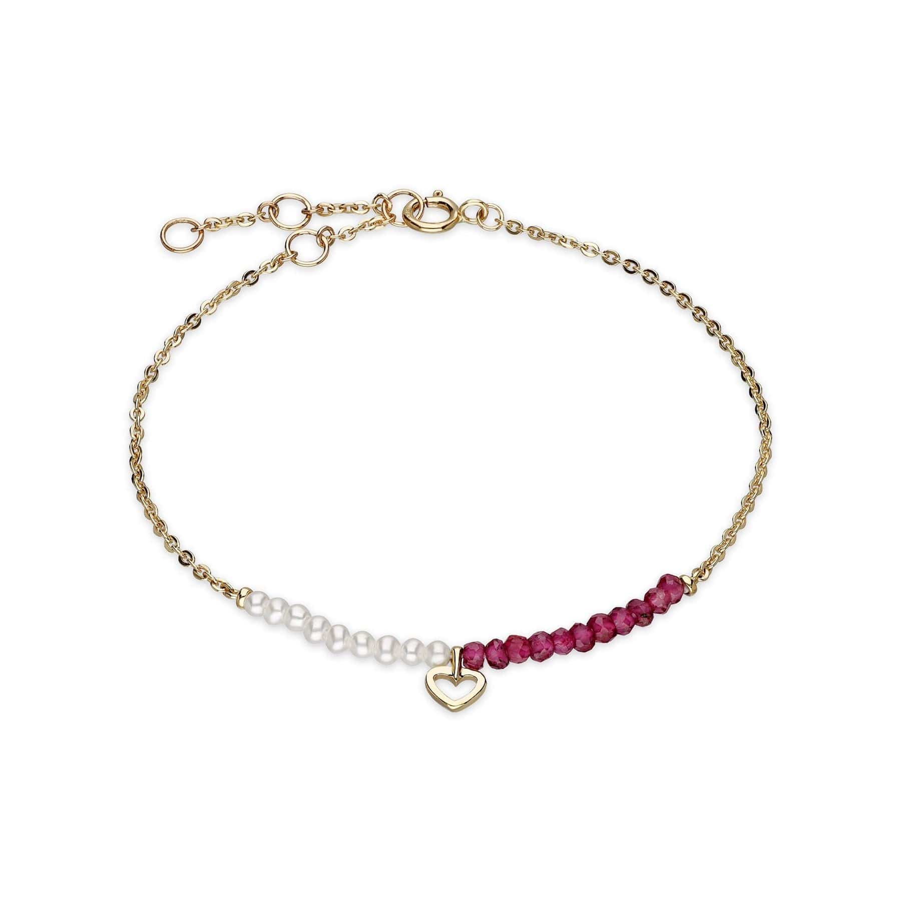 Cultured Freshwater Pearl & Rhodolite Heart Bracelet In 9ct Yellow Gold - Gemondo