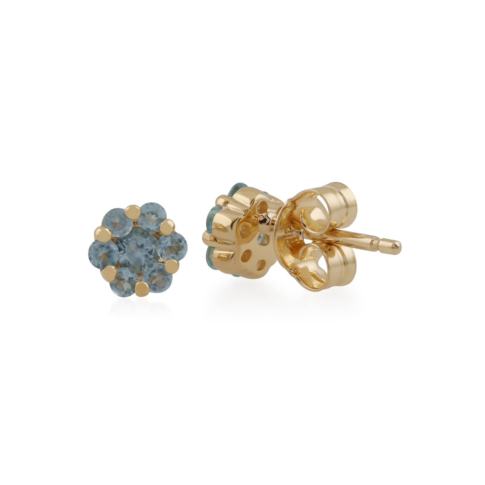 Floral Round Blue Topaz Cluster Stud Earrings in 9ct Yellow Gold - Gemondo