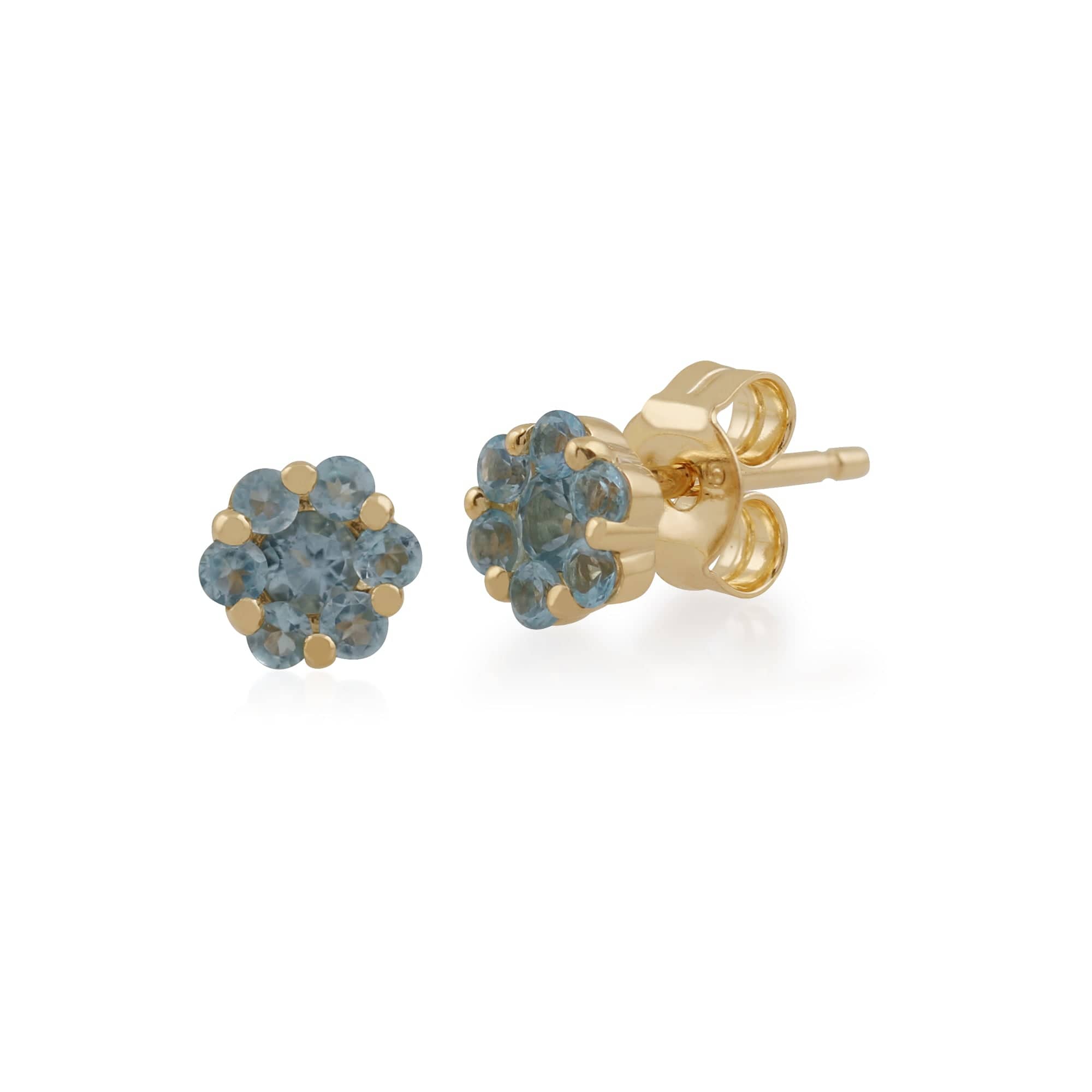 Floral Round Blue Topaz Cluster Stud Earrings in 9ct Yellow Gold - Gemondo