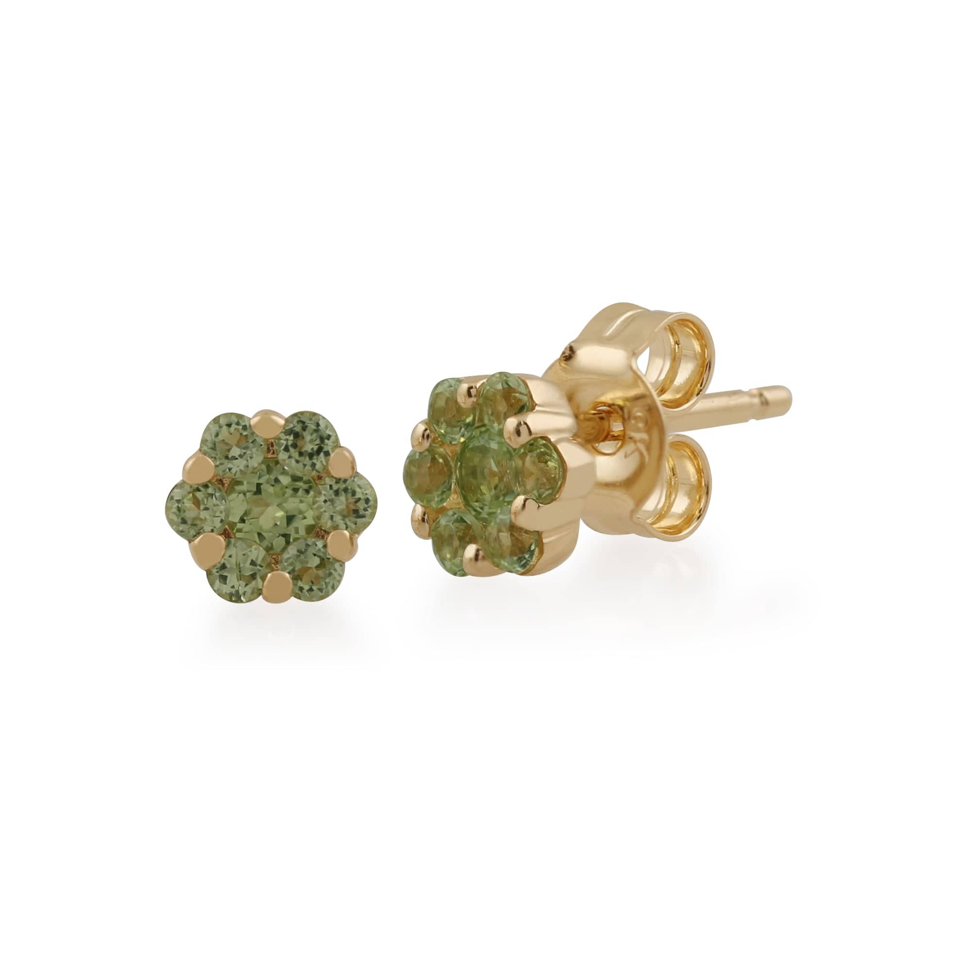Floral Round Peridot Cluster Stud Earrings in 9ct Yellow Gold - Gemondo