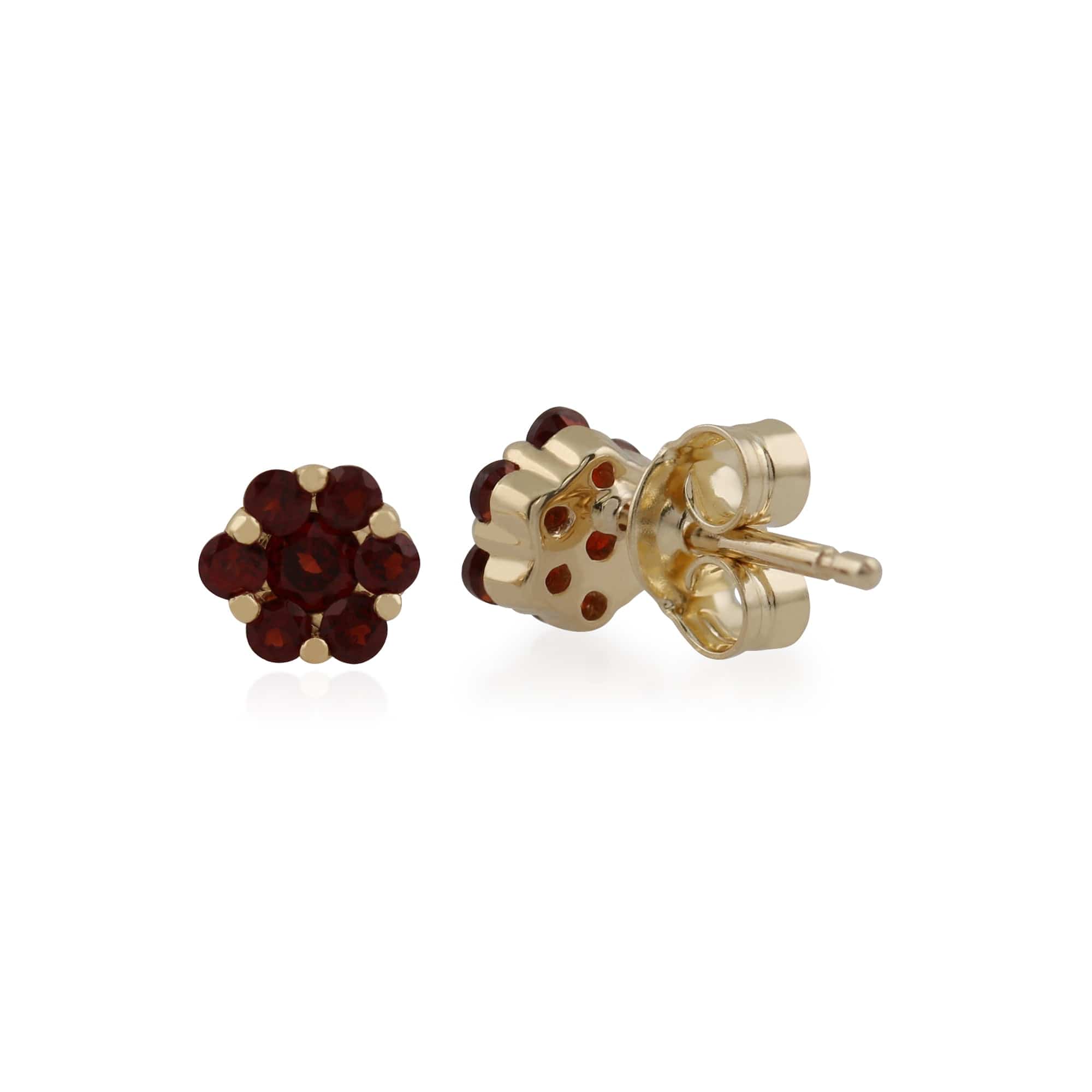 Floral Round Garnet Cluster Stud Earrings in 9ct Yellow Gold - Gemondo