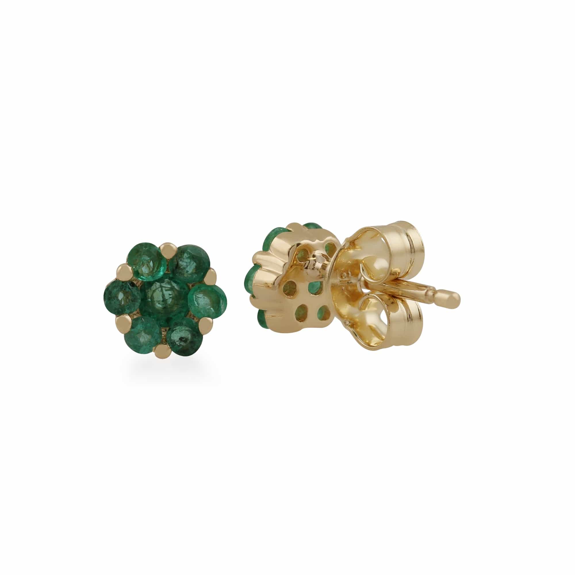 Floral Round Emerald Cluster Stud Earrings in 9ct Yellow Gold - Gemondo