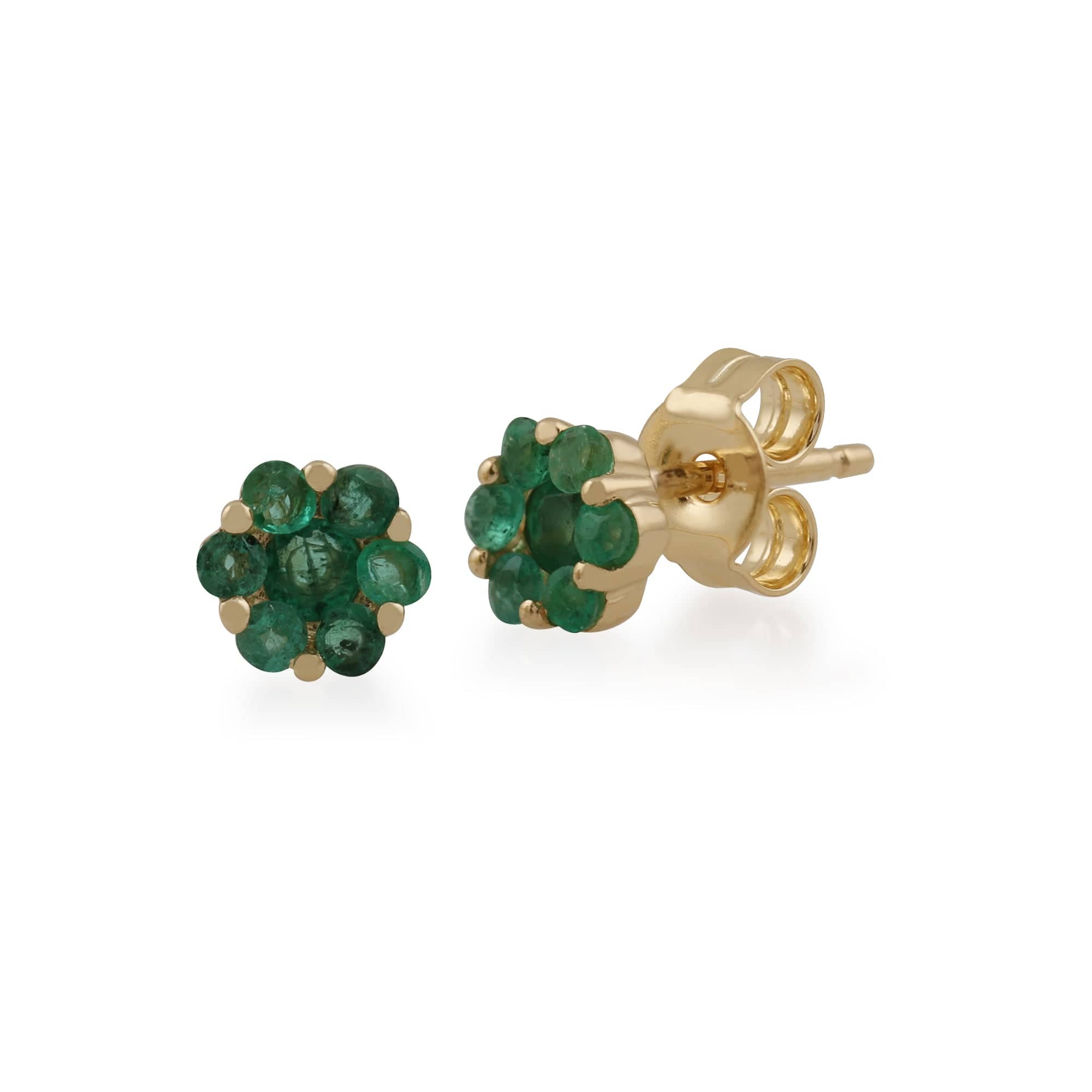 Floral Round Emerald Cluster Stud Earrings in 9ct Yellow Gold - Gemondo