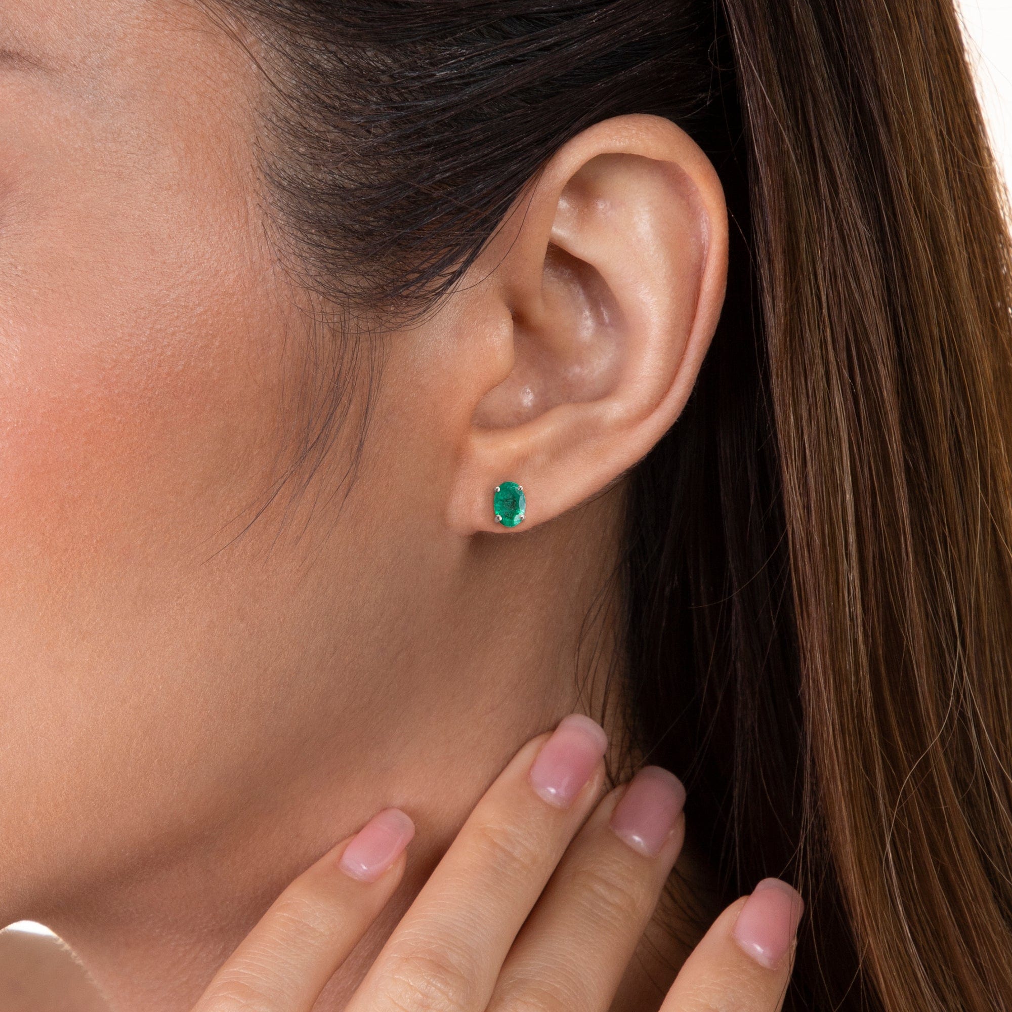 Classic Oval Emerald Stud Earrings in 9ct White Gold - Gemondo