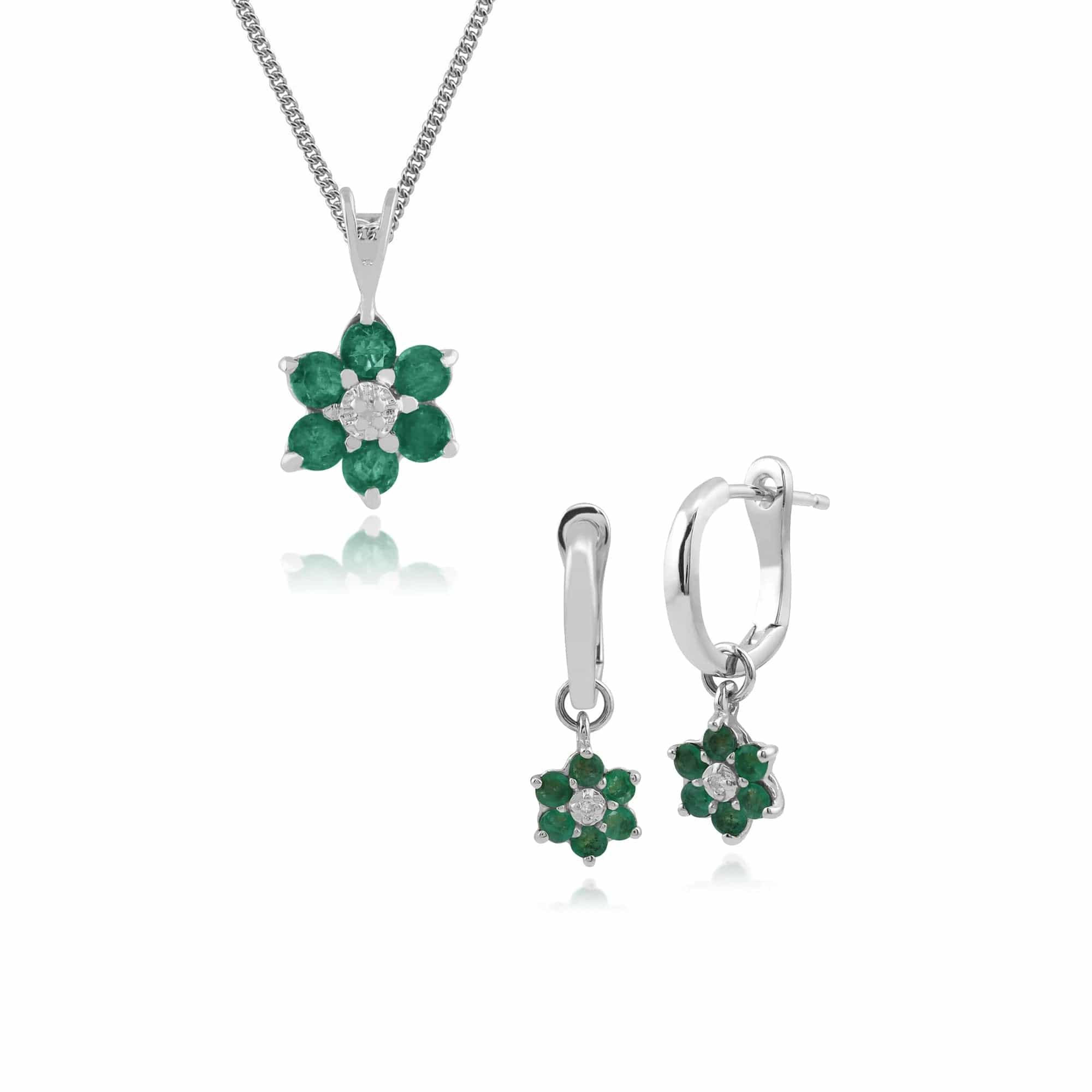 Floral Round Emerald & Diamond Drop Earrings & Pendant Set in 9ct White Gold - Gemondo
