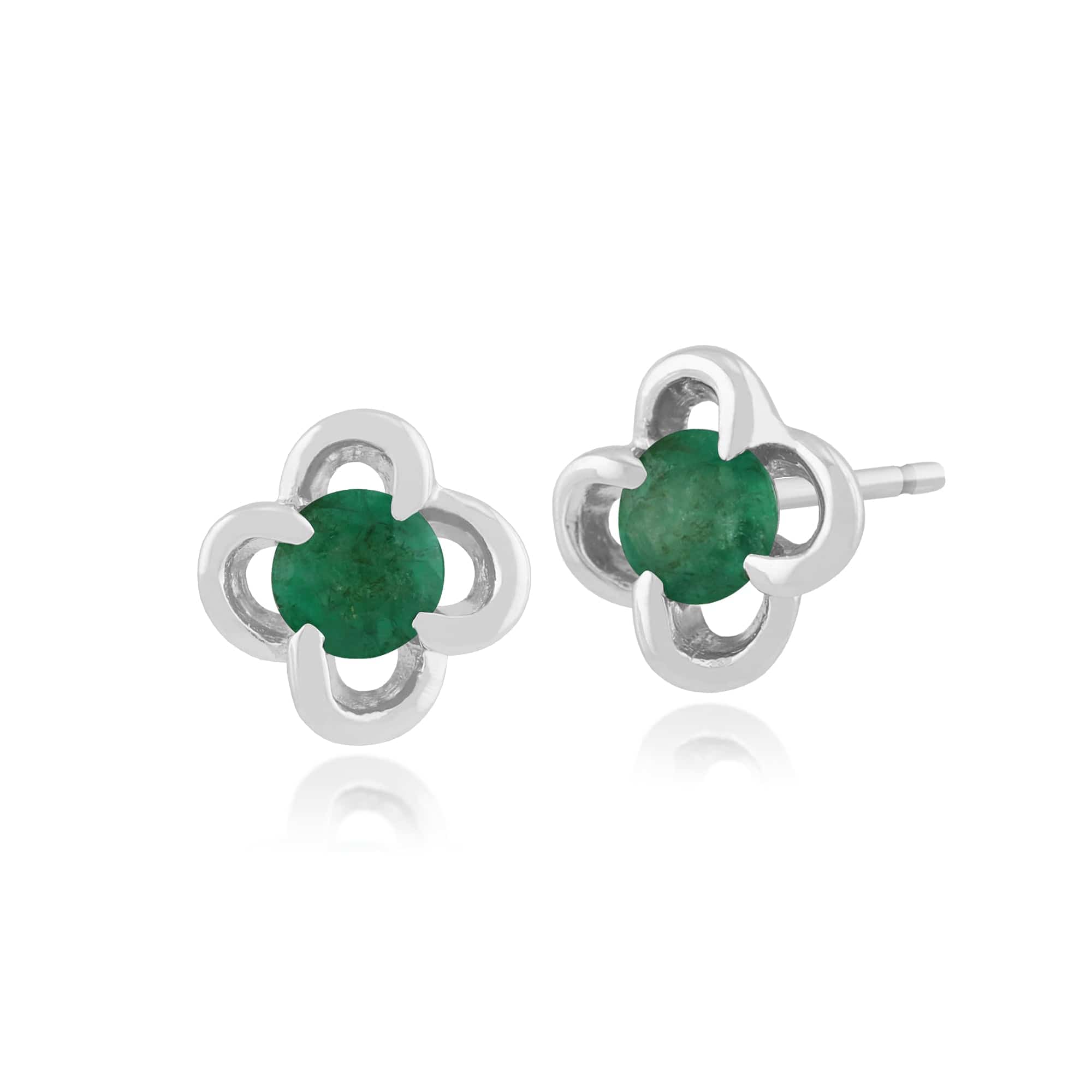 Floral Round Emerald & Diamond Halo Stud Earrings in 9ct White Gold - Gemondo