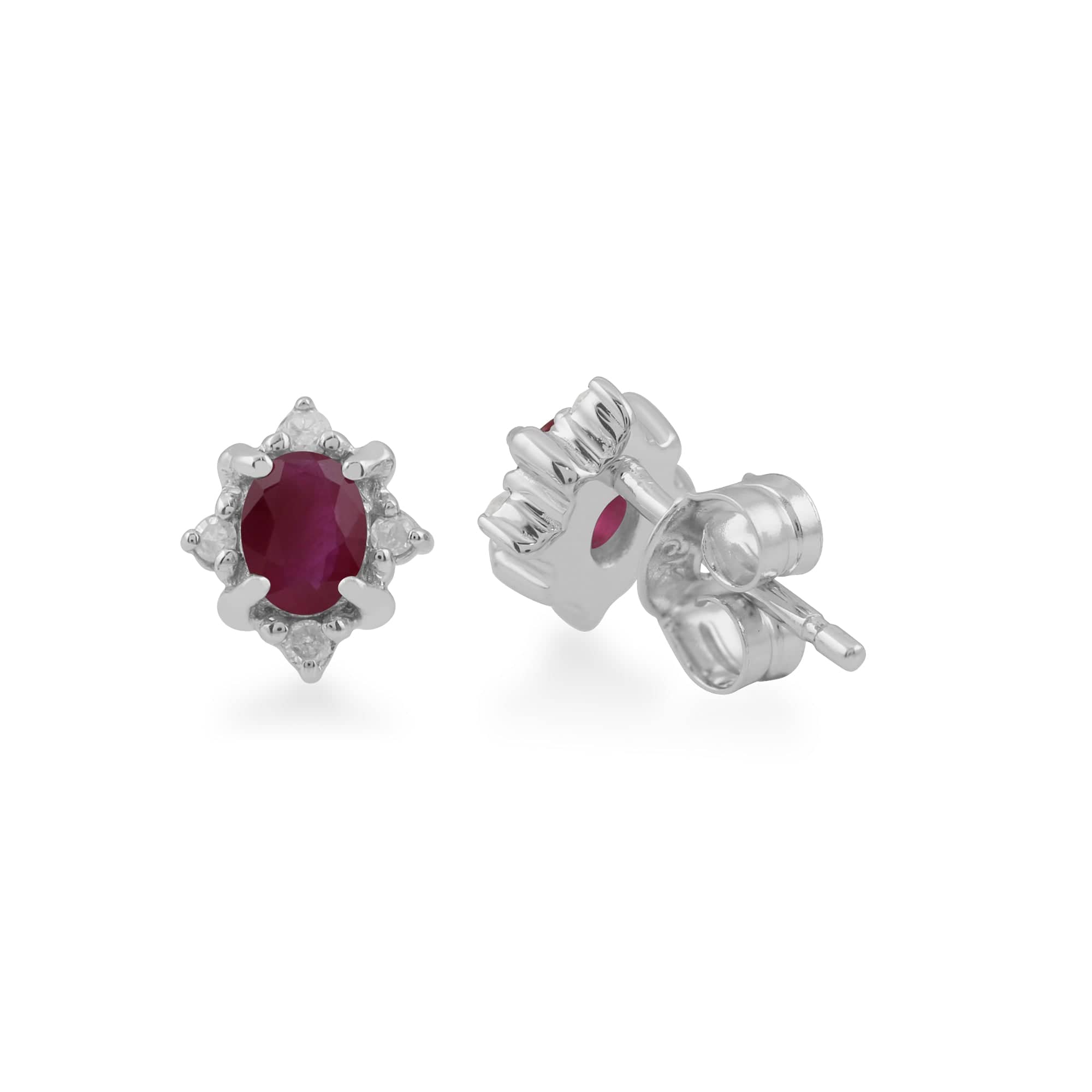162E0177039 Classic Oval Ruby & Diamond Cluster Stud Earrings in 9ct White Gold 2