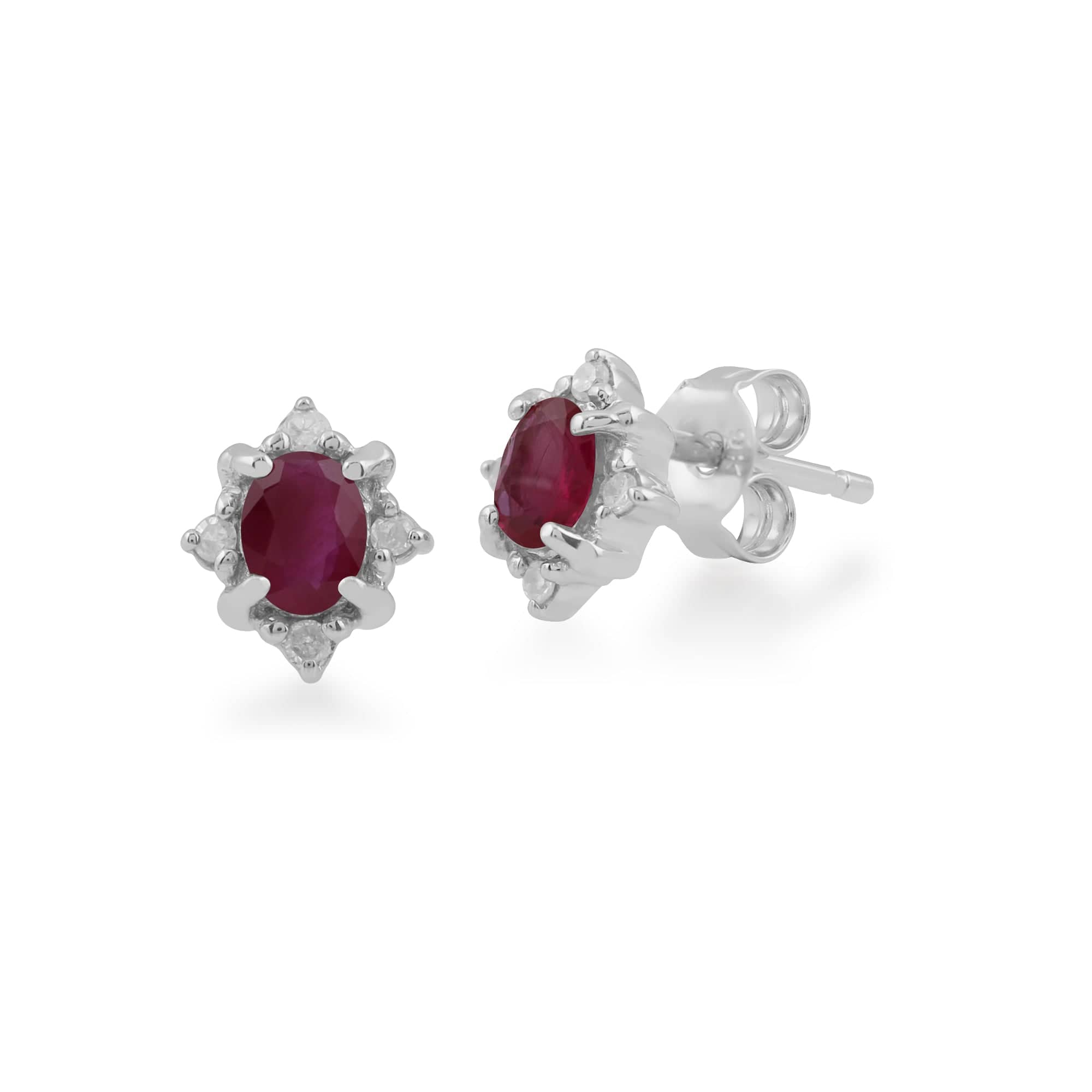 Classic Oval Ruby & Diamond Cluster Stud Earrings in 9ct White Gold - Gemondo