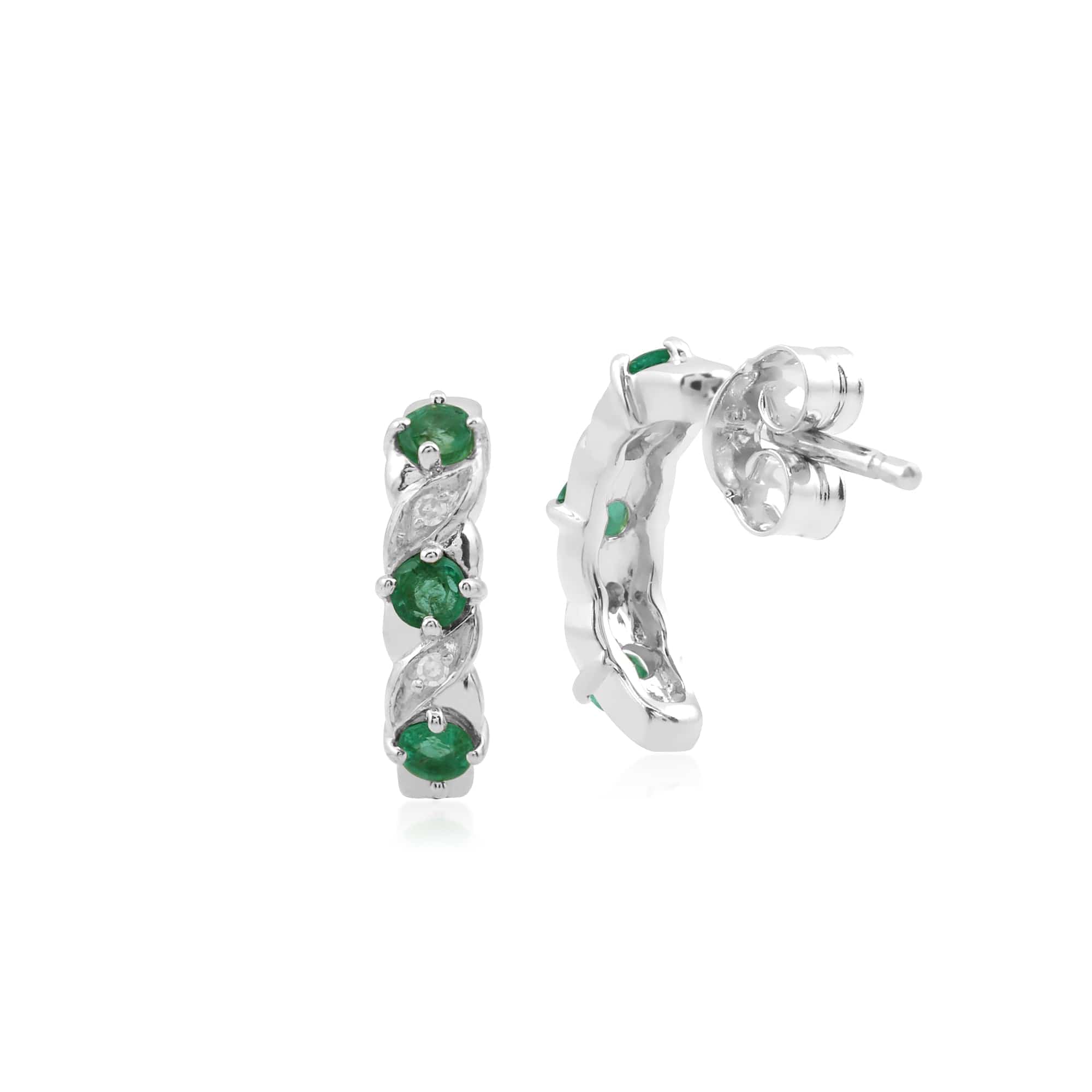 Classic Round Emerald & Diamond Half Hoop Earrings in 9ct White Gold - Gemondo