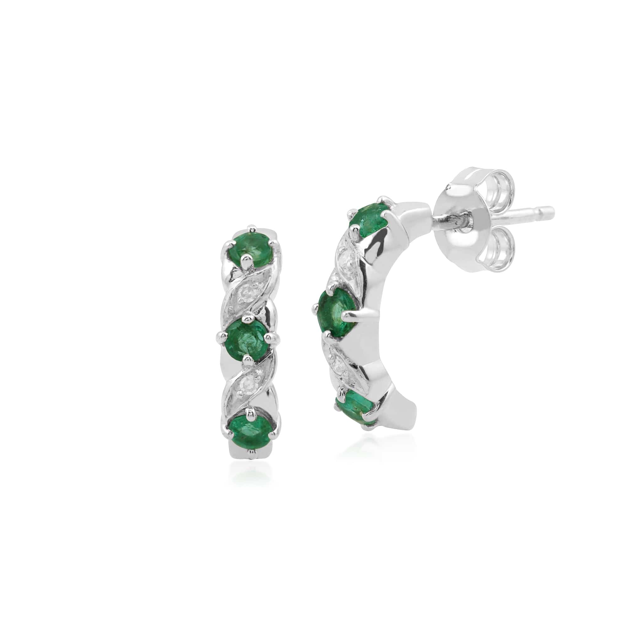 Classic Round Emerald & Diamond Half Hoop Earrings in 9ct White Gold - Gemondo