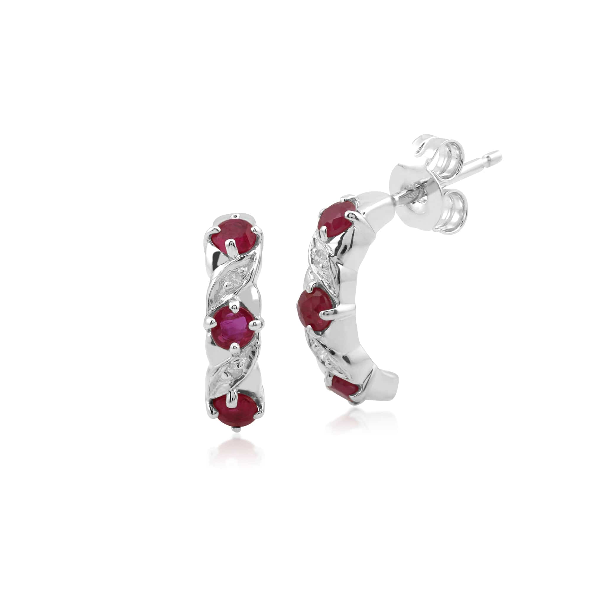 Classic Round Ruby & Diamond Half Hoop Earrings in 9ct White Gold - Gemondo