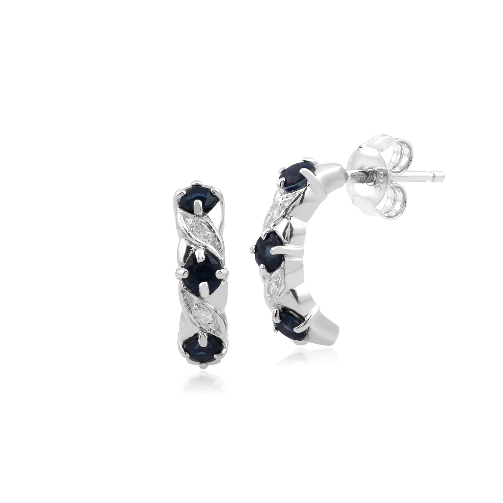 Classic Round Sapphire & Diamond Half Hoop Earrings & Half Eternity Ring Set in 9ct White Gold - Gemondo