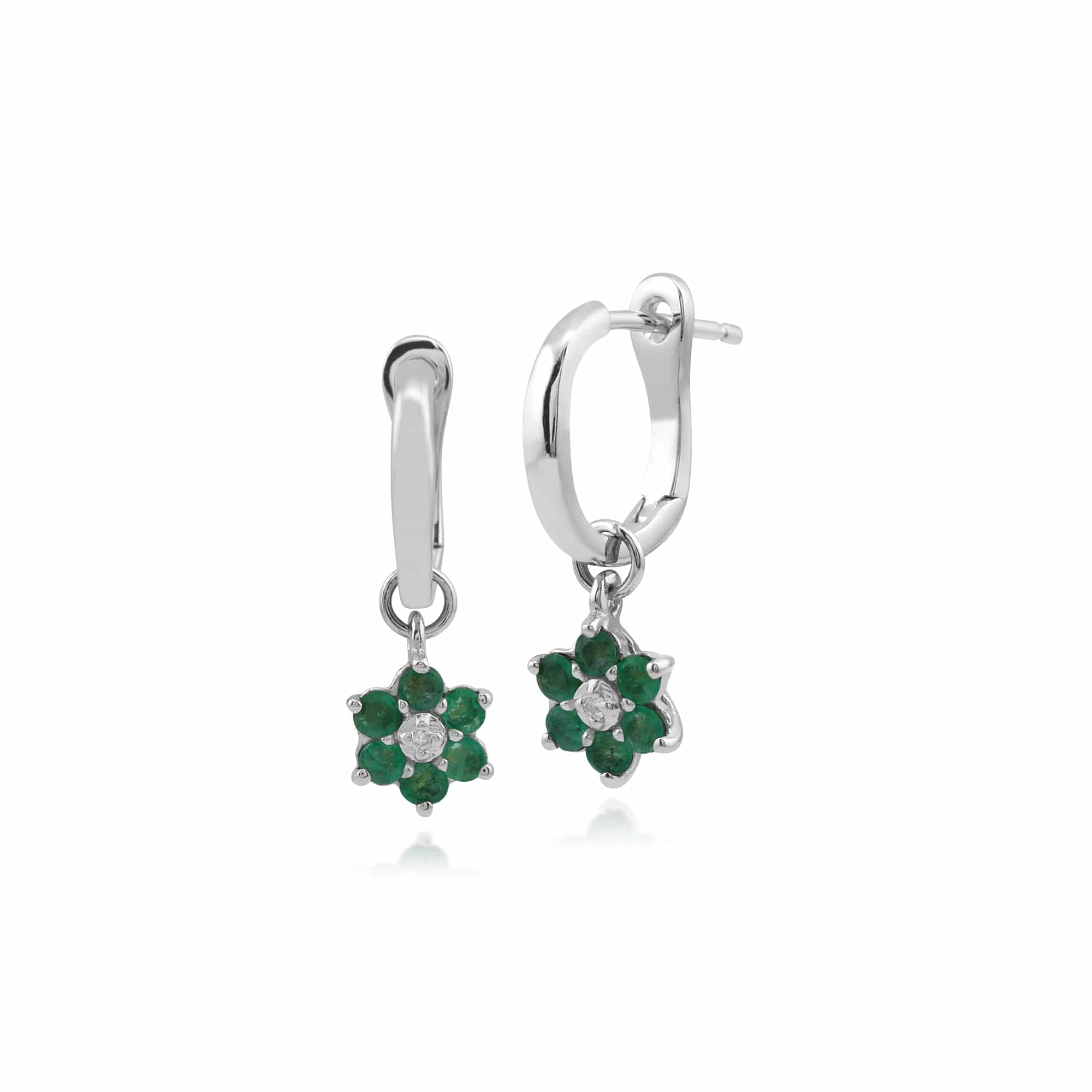 Floral Round Emerald & Diamond Omega Back Hoop Earrings in 9ct White Gold