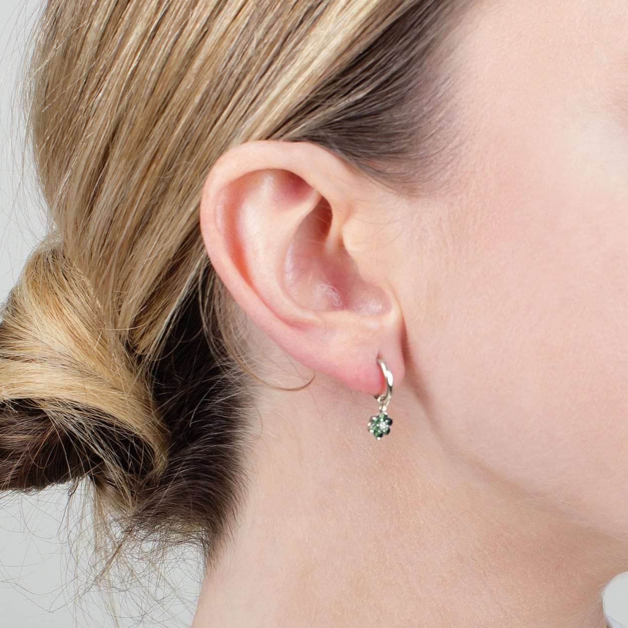 Floral Round Emerald & Diamond Omega Back Hoop Earrings in 9ct White Gold - Gemondo