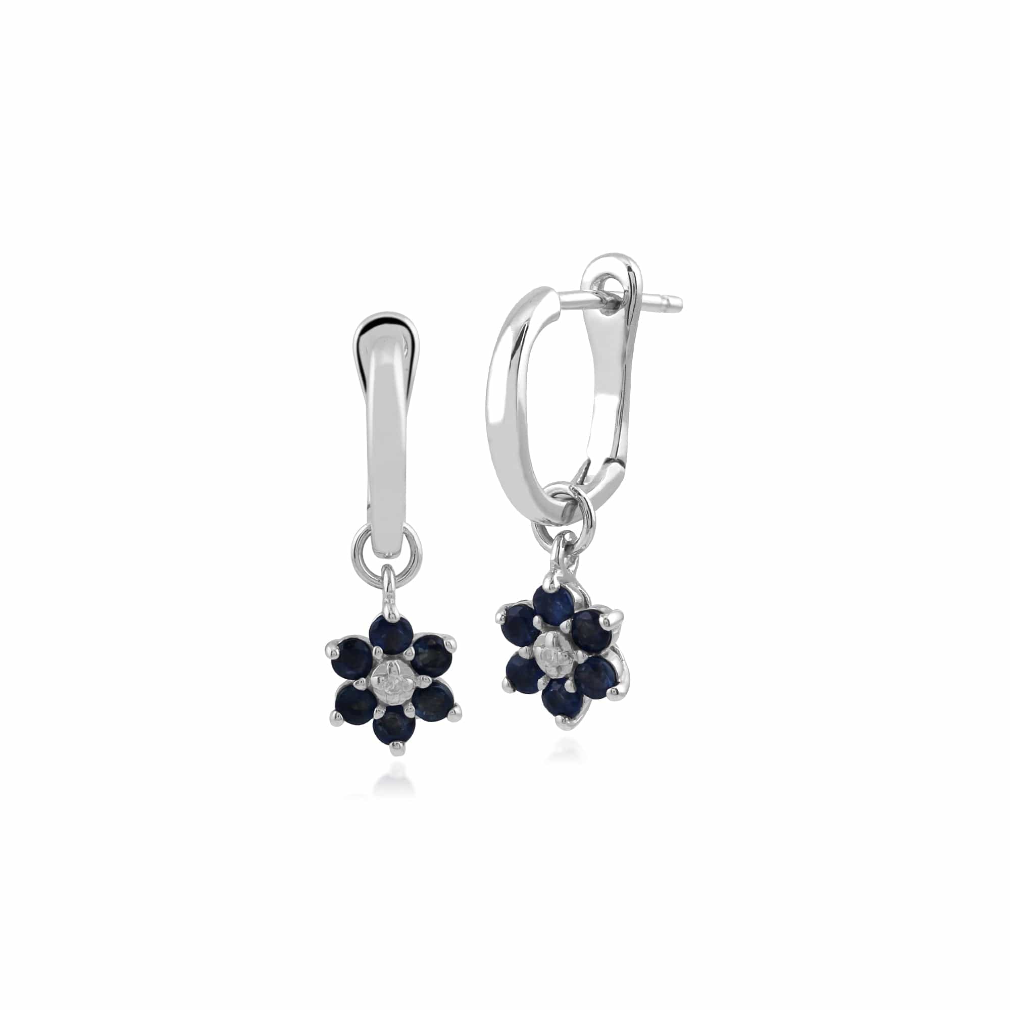 Floral Round Sapphire & Diamond Omega Back Hoop Earrings in 9ct White Gold - Gemondo