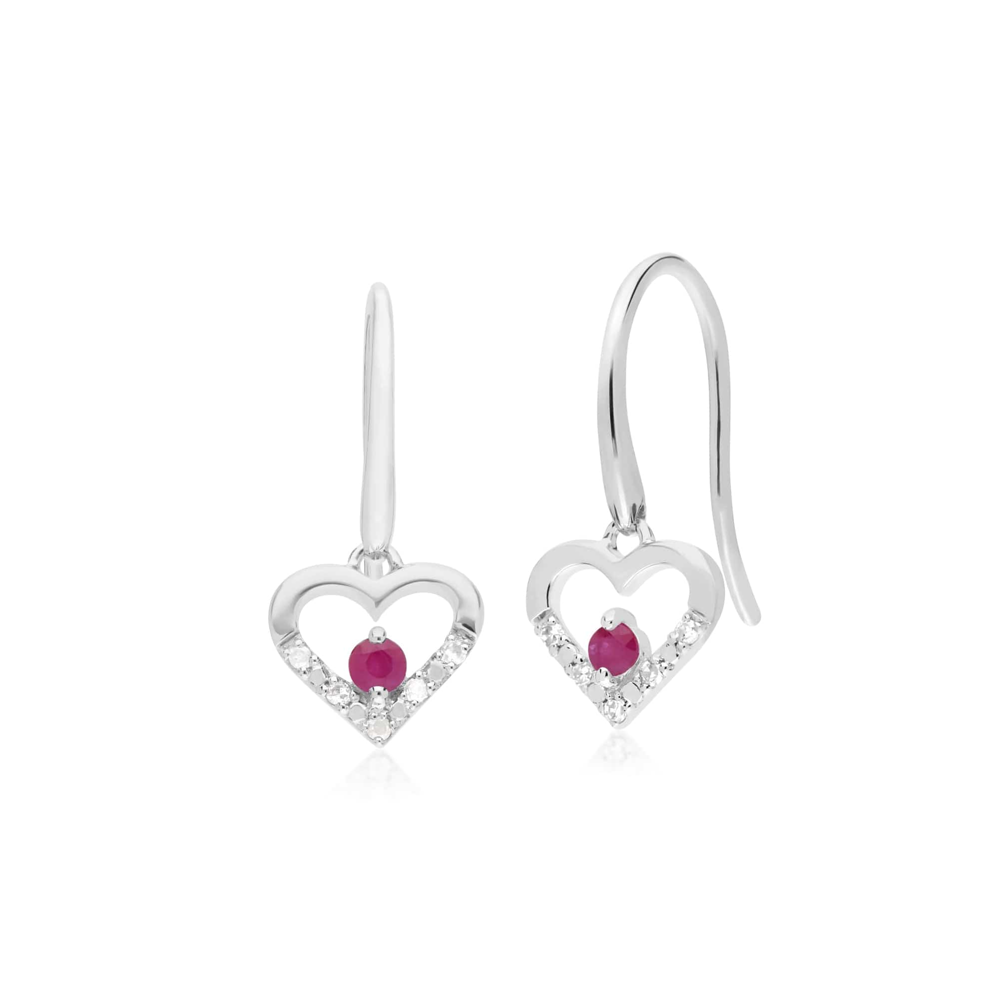 Classic Round Ruby & Diamond Love Heart Shaped Drop Earrings in 9ct White Gold - Gemondo