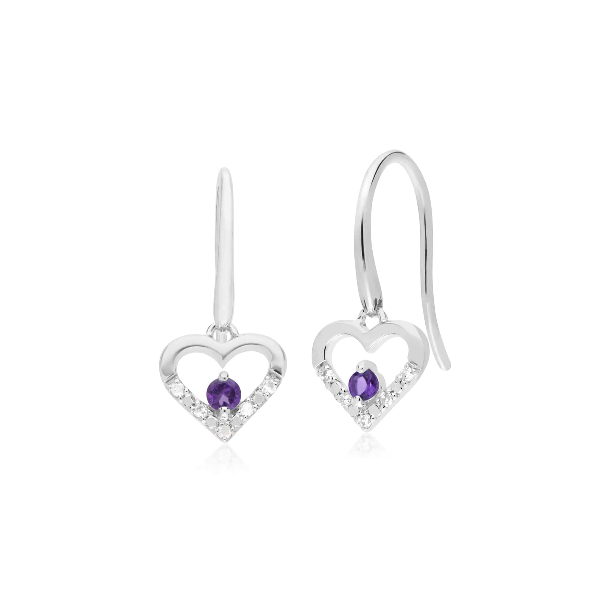 162E0258049 Classic Round Amethyst & Diamond Love Heart Shaped Drop Earrings in 9ct White Gold 1