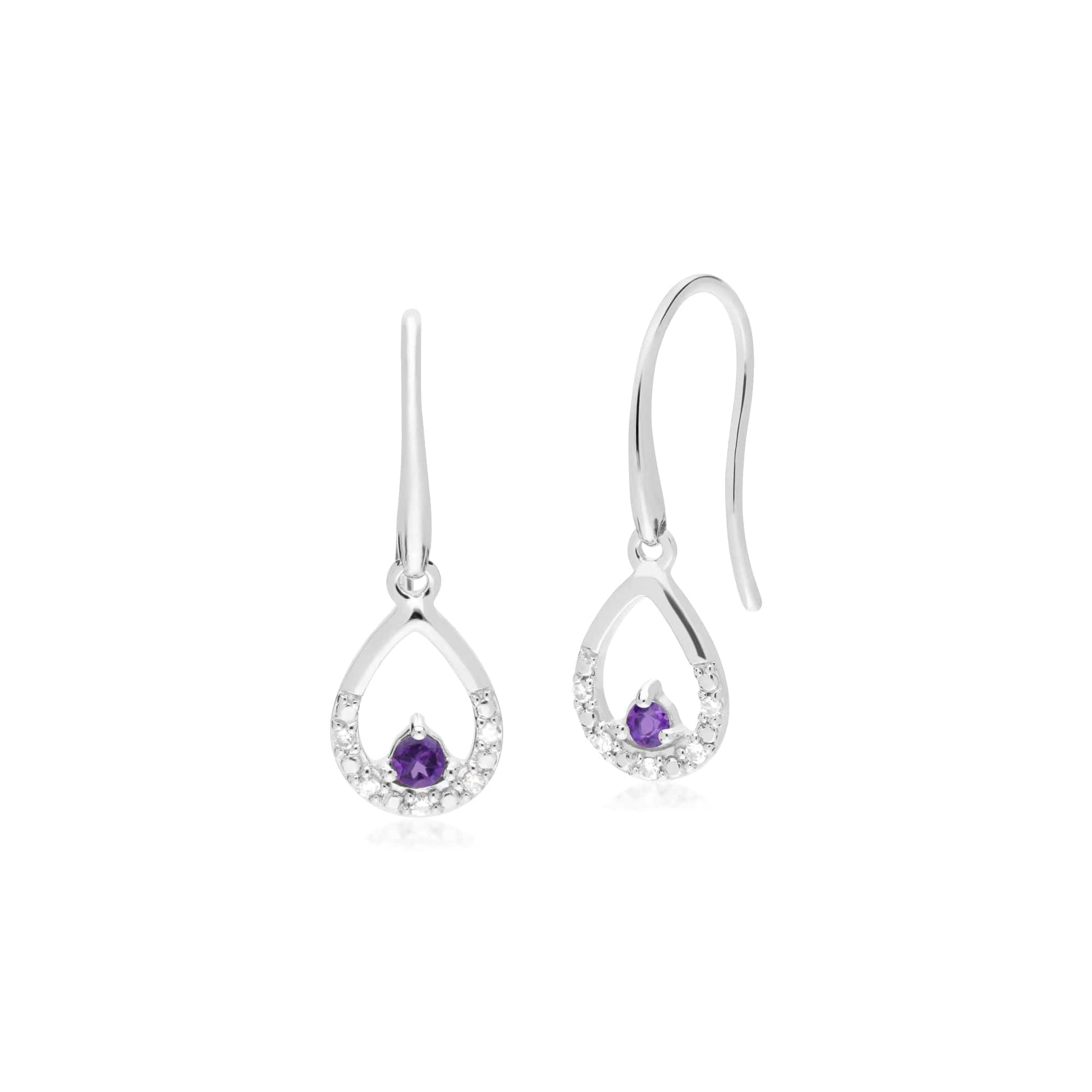 Classic Round Amethyst & Diamond Pear Drop Earrings in 9ct White Gold