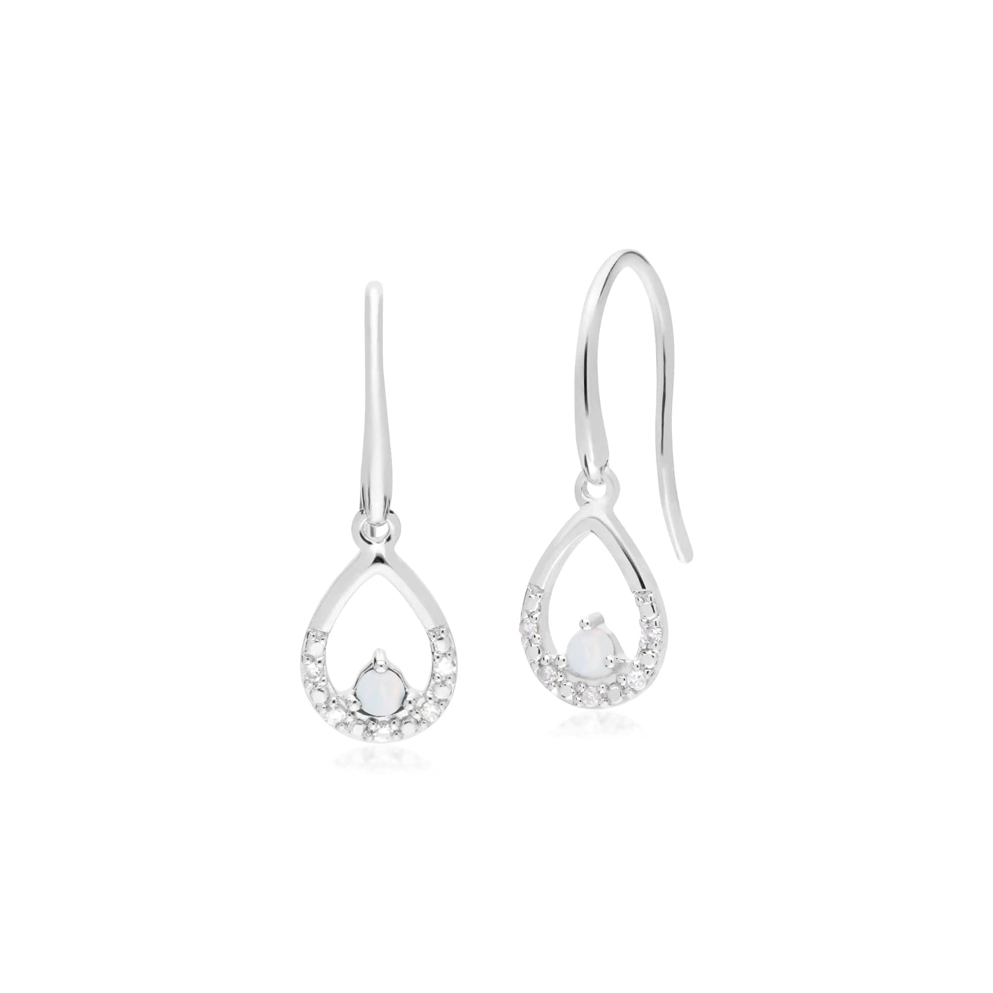 Classic Round Opal & Diamond Pear Drop Earrings in 9ct White Gold