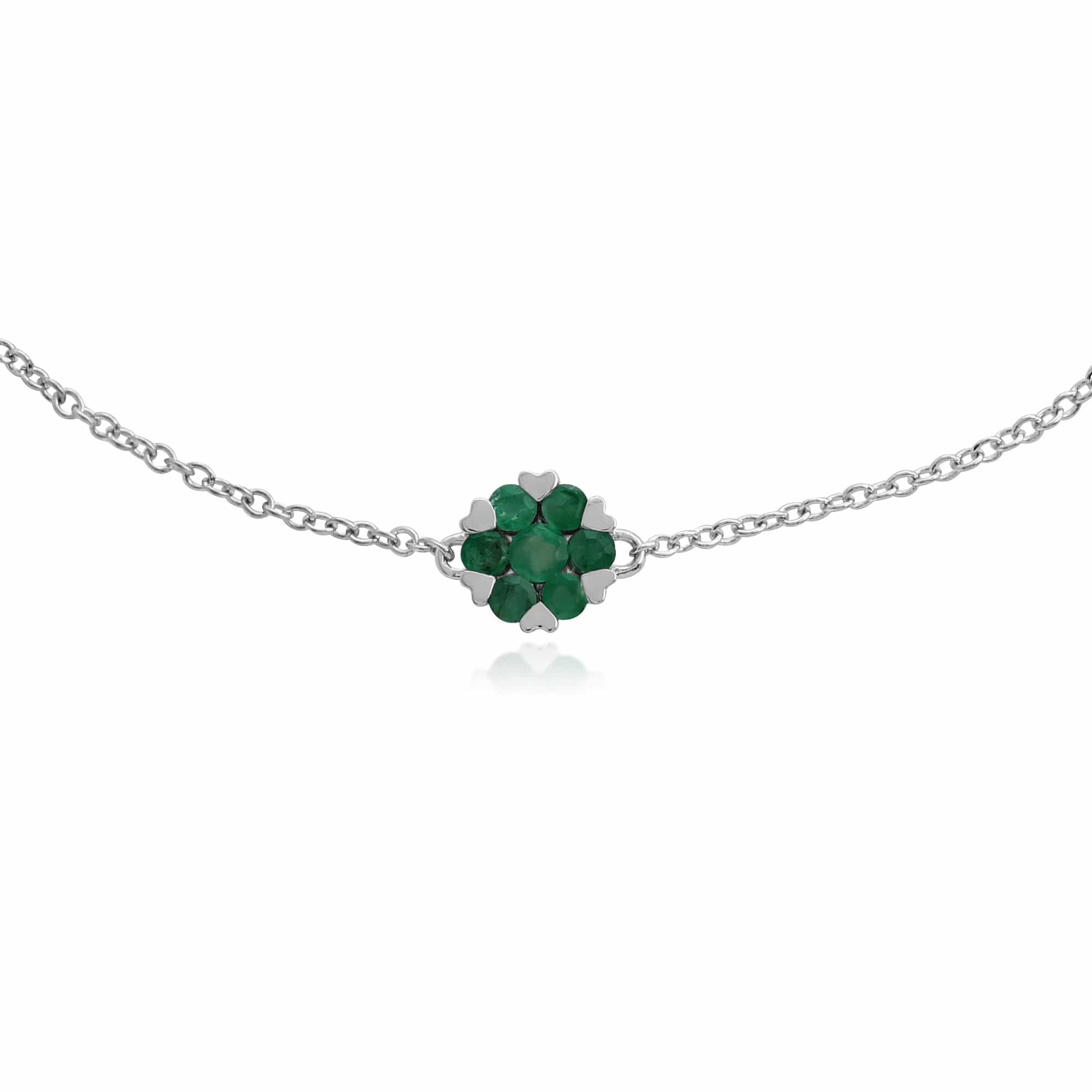 Floral Round Emerald Heart Claw Set Cluster Bracelet in 9ct White Gold - Gemondo