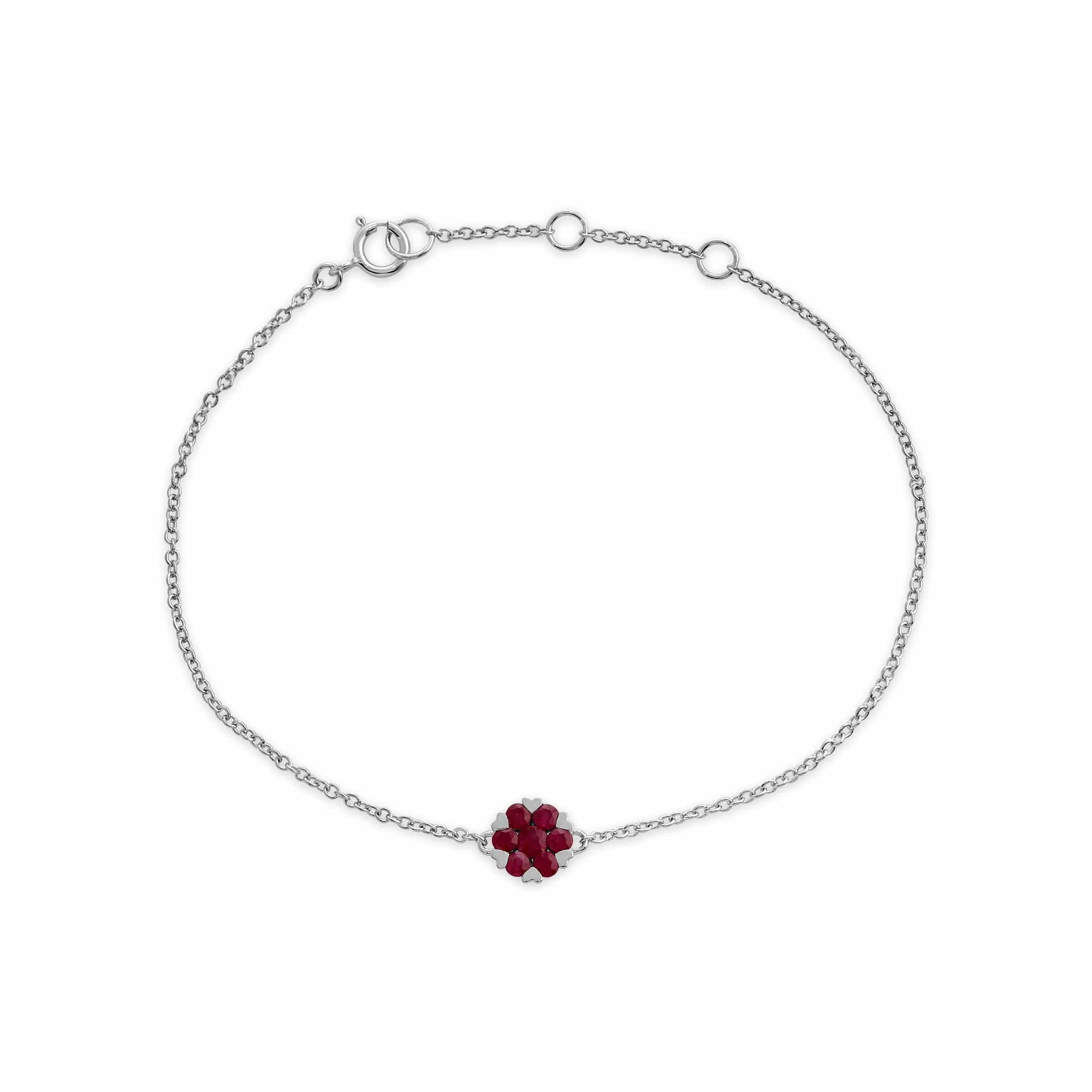 Floral Round Ruby Heart Claw Set Cluster Bracelet in 9ct White Gold - Gemondo