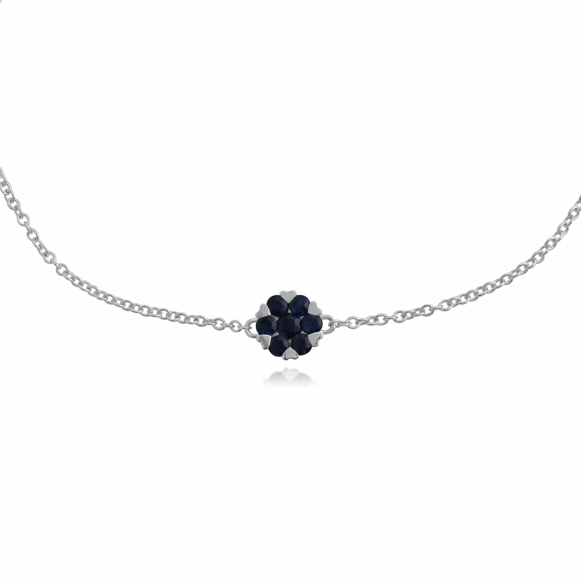 Floral Round Sapphire Heart Claw Set Cluster Bracelet in 9ct White Gold - Gemondo