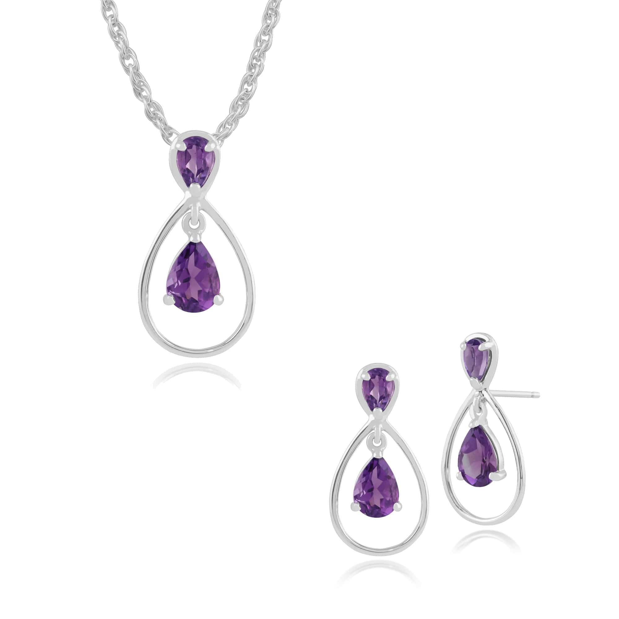 162E0126019-162P0114019 Classic Pear Amethyst Halo Drop Earrings & Pendant Set in 9ct White Gold 1