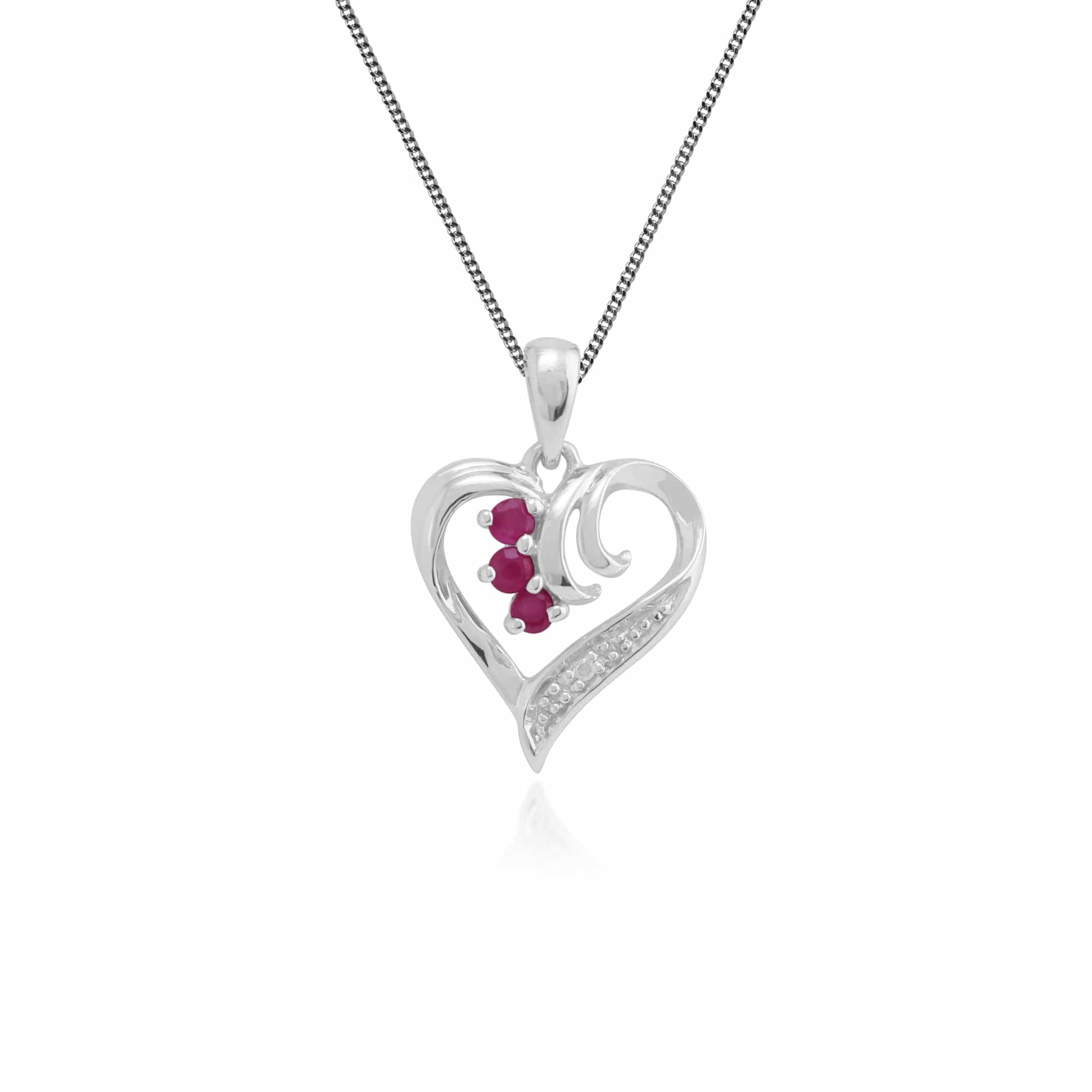 Classic Round Ruby & Diamond Swirled Heart Pendant in 9ct White Gold - Gemondo